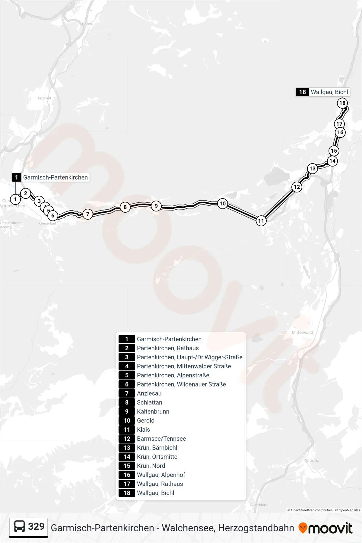 Linie 329 (Bus) Richtung Wallgau, Bichl: Route und Haltestellen auf der Karte