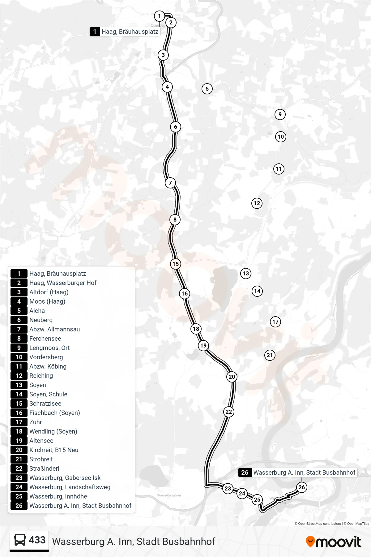 433 bus Line (Wasserburg A. Inn, Stadt Busbahnhof) route and stops on a map
