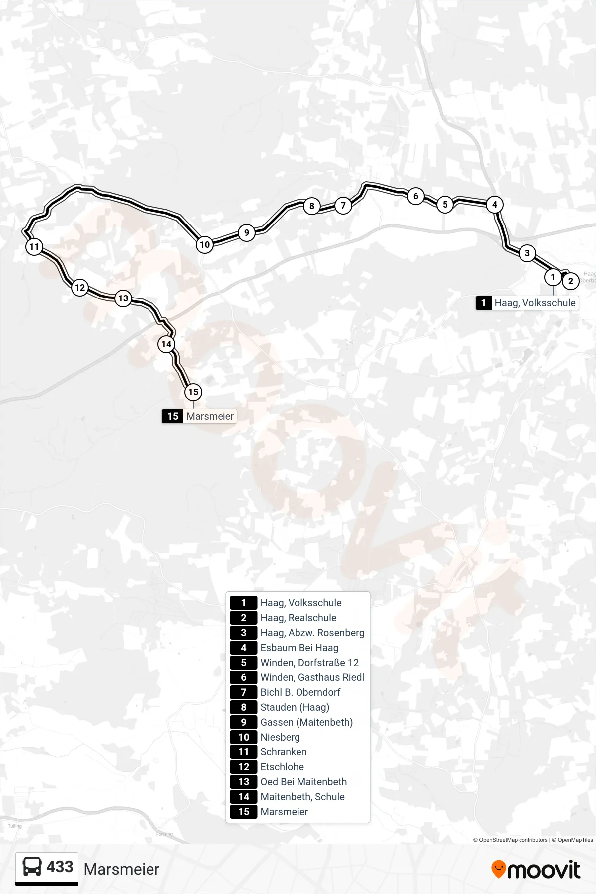 433 bus Line (Marsmeier) route and stops on a map