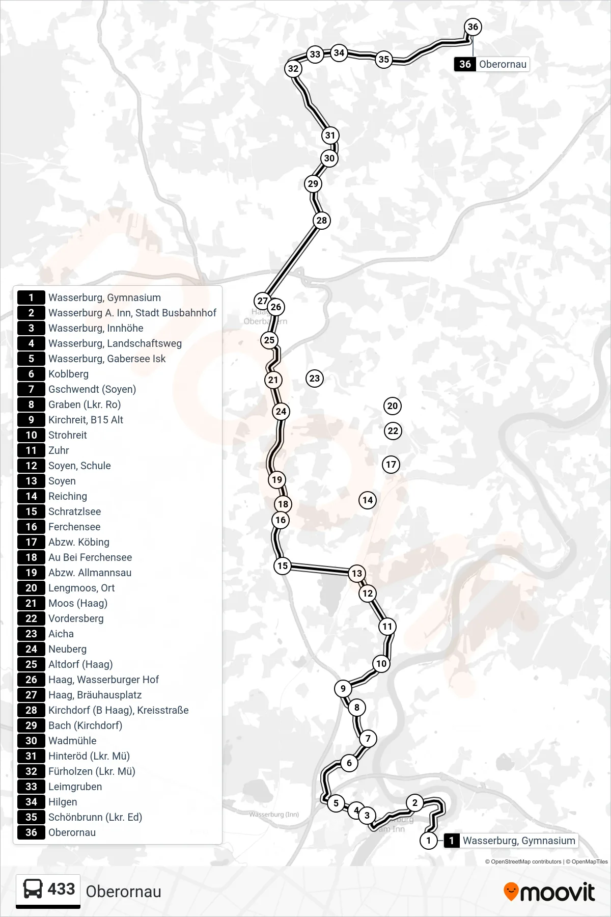 Linie 433 (Bus) Richtung Oberornau: Route und Haltestellen auf der Karte