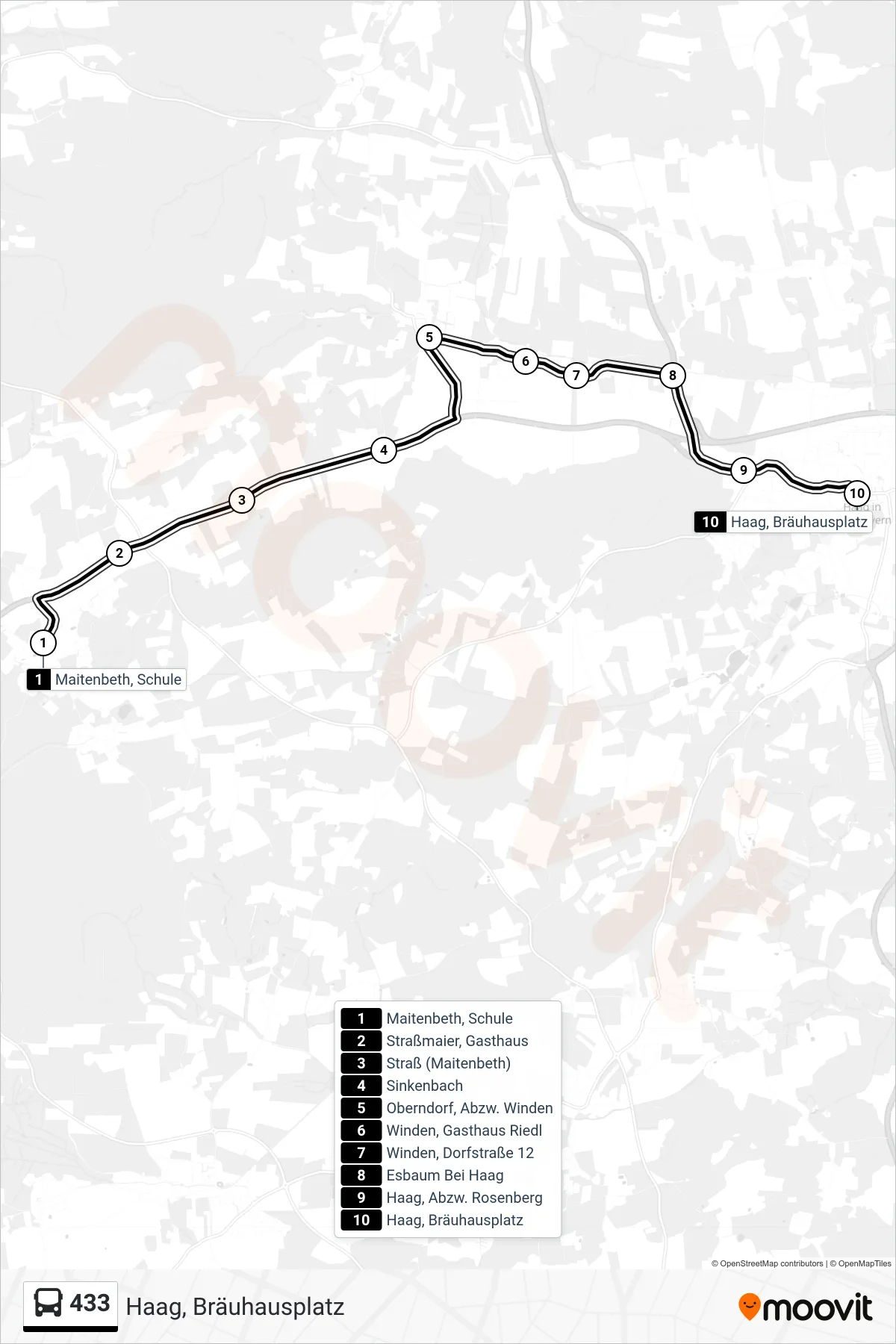 433 bus Line (Haag, Bräuhausplatz) route and stops on a map