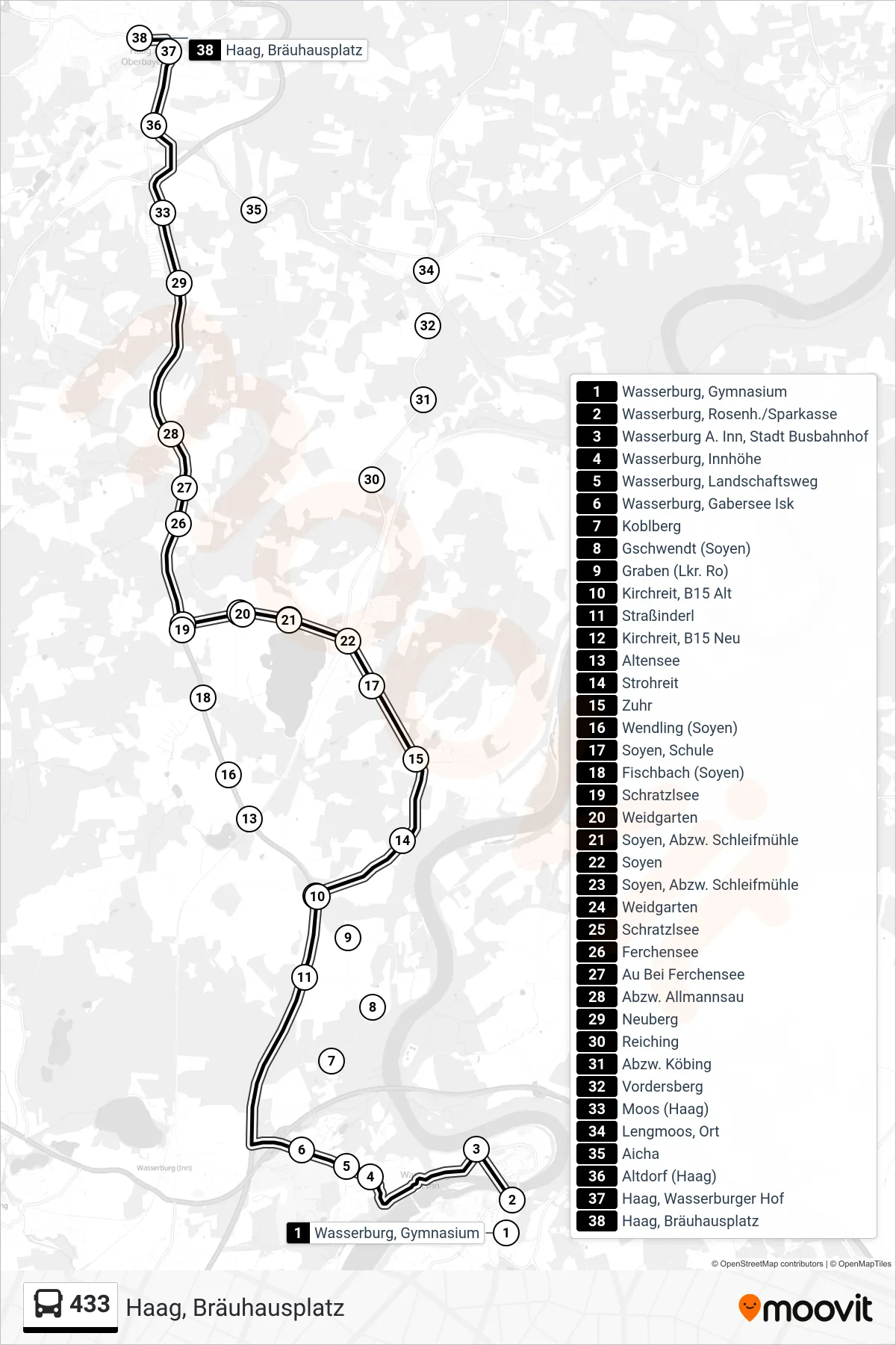 433 bus Line (Haag, Bräuhausplatz) route and stops on a map
