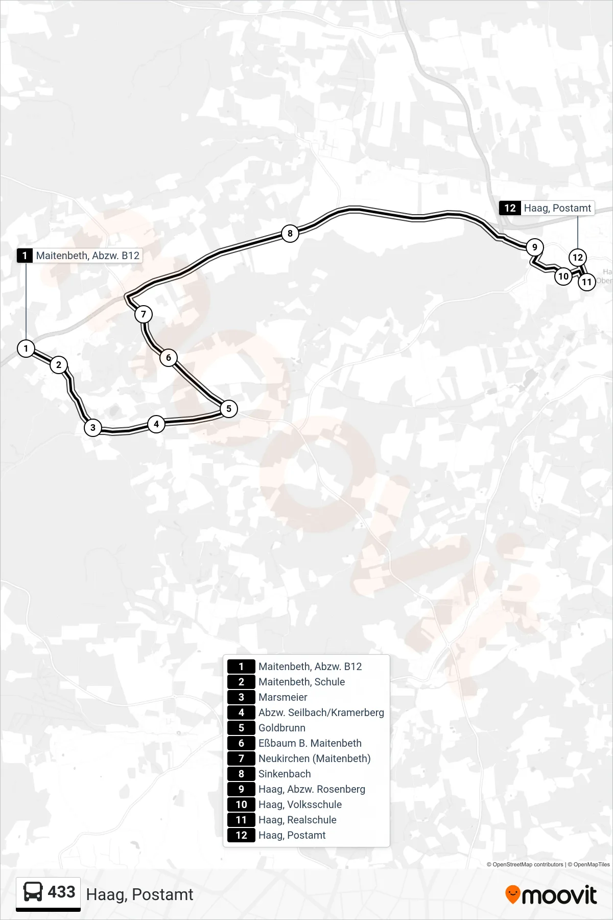 433 bus Line (Haag, Postamt) route and stops on a map