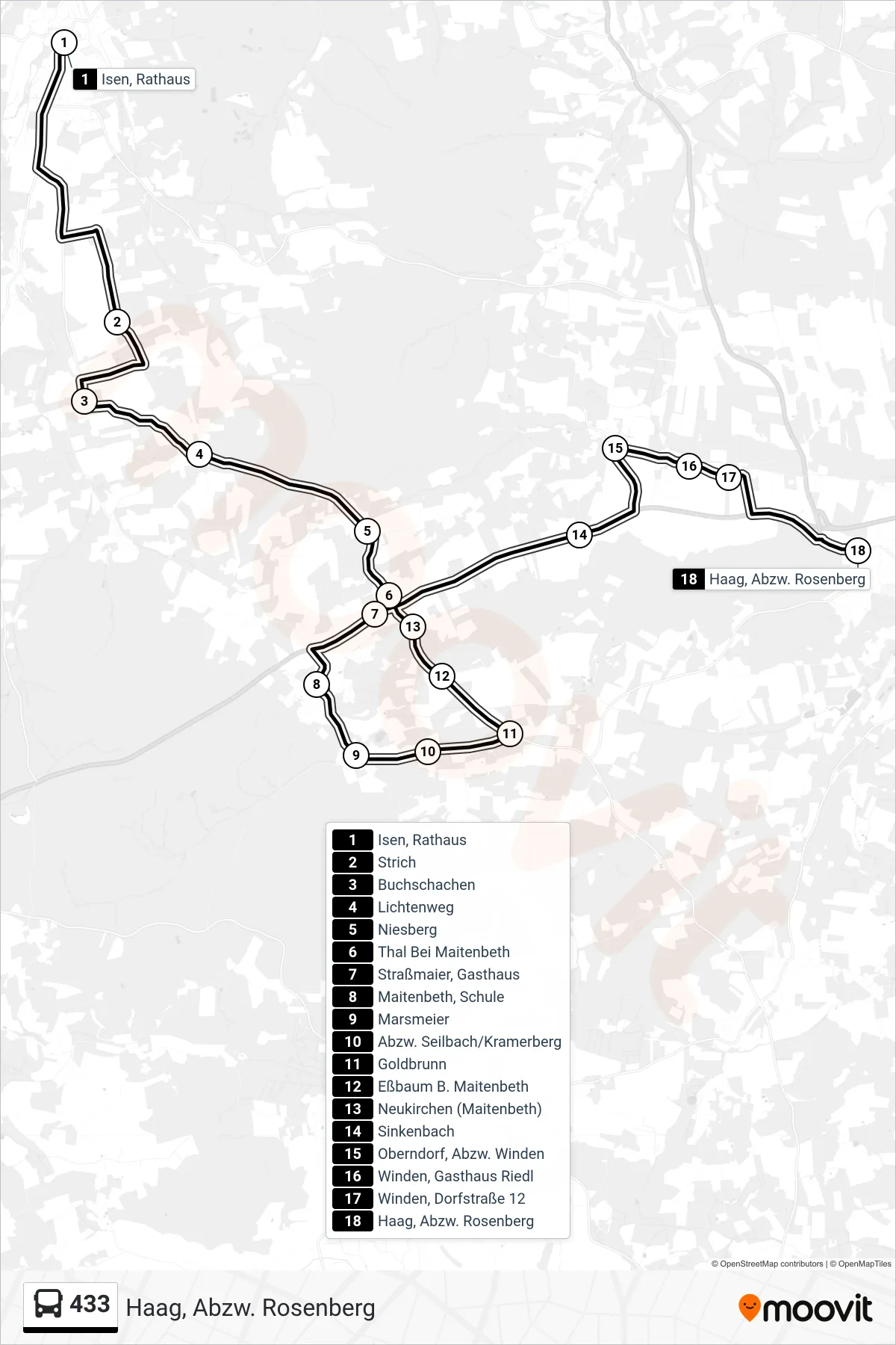 433 bus Line (Haag, Abzw. Rosenberg) route and stops on a map