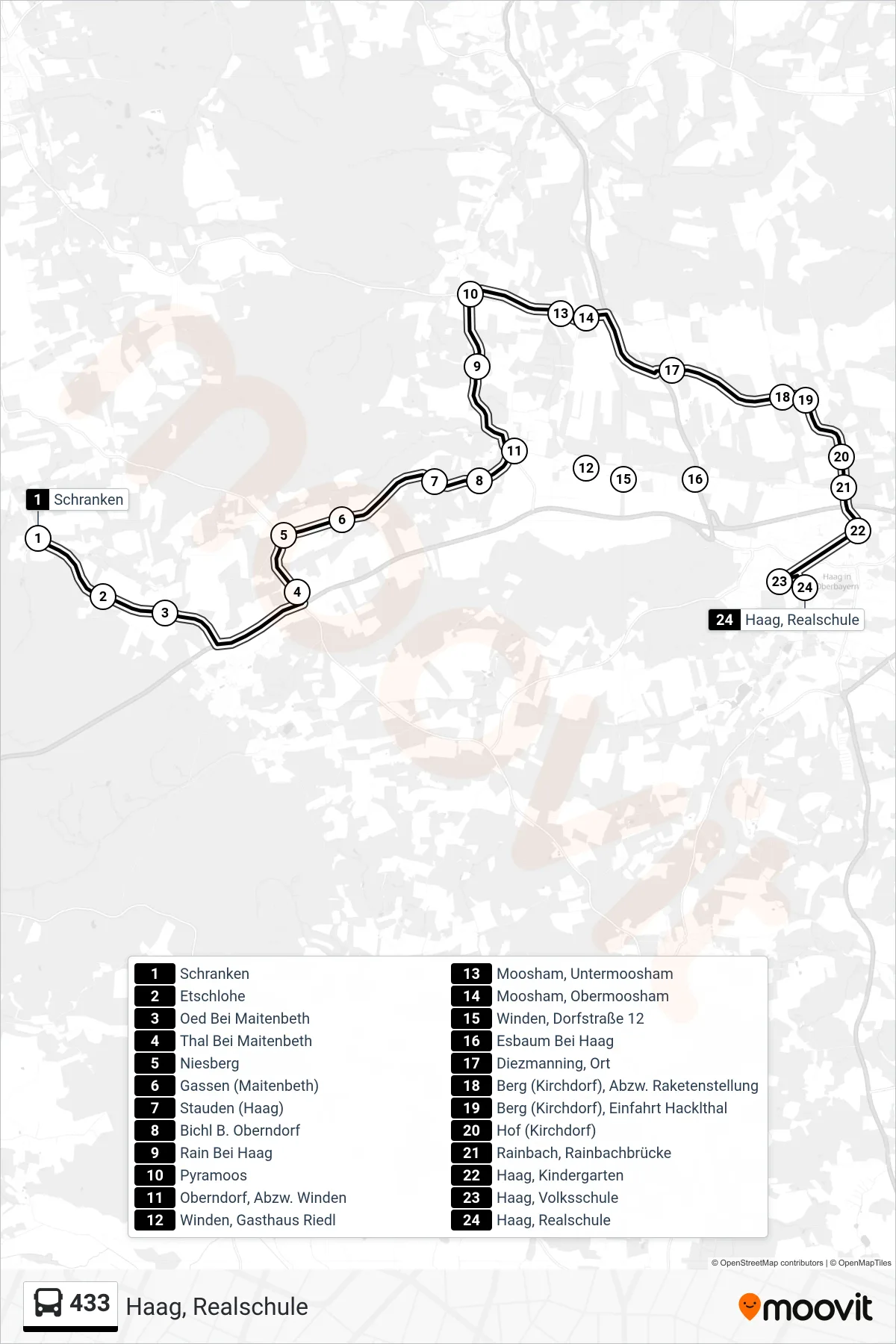 433 bus Line (Haag, Realschule) route and stops on a map