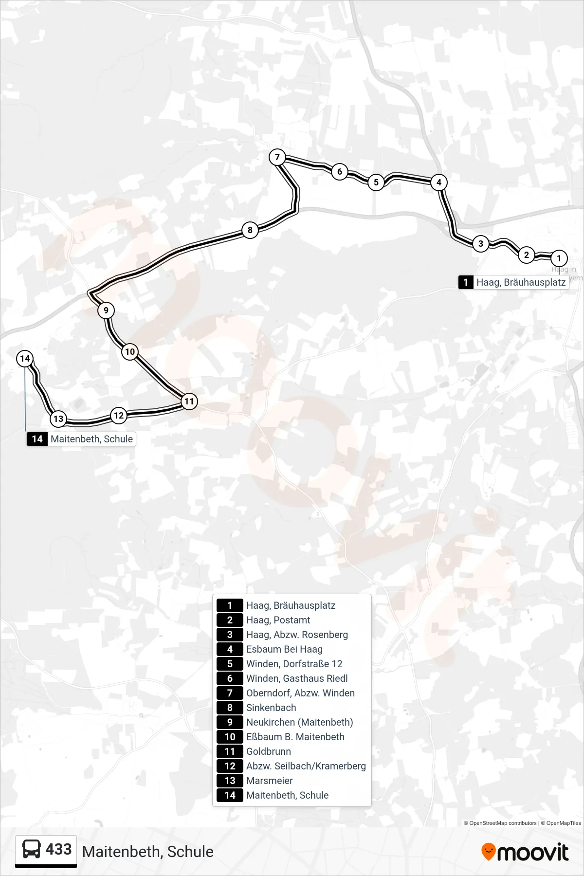 433 bus Line (Maitenbeth, Schule) route and stops on a map