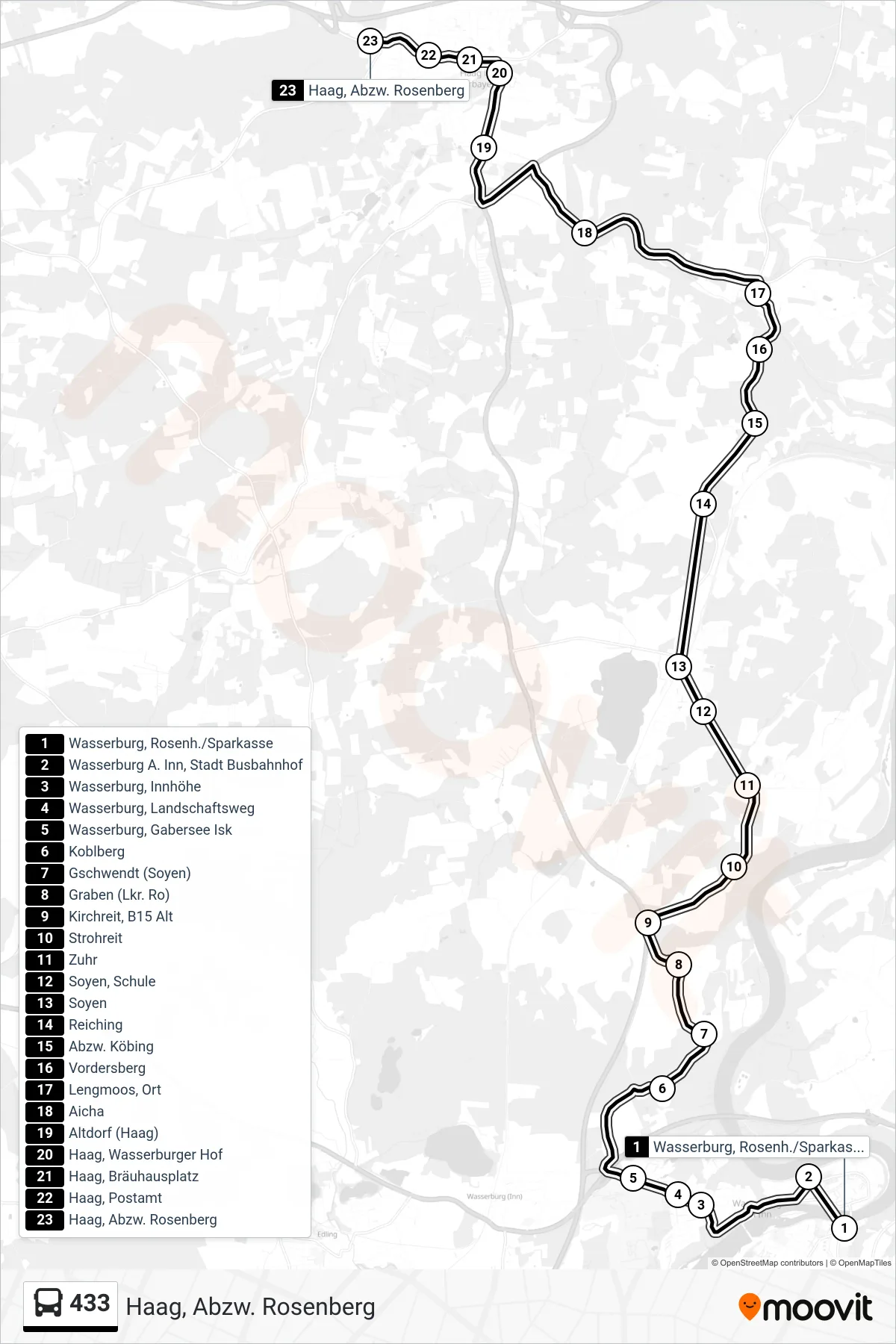 433 bus Line (Haag, Abzw. Rosenberg) route and stops on a map