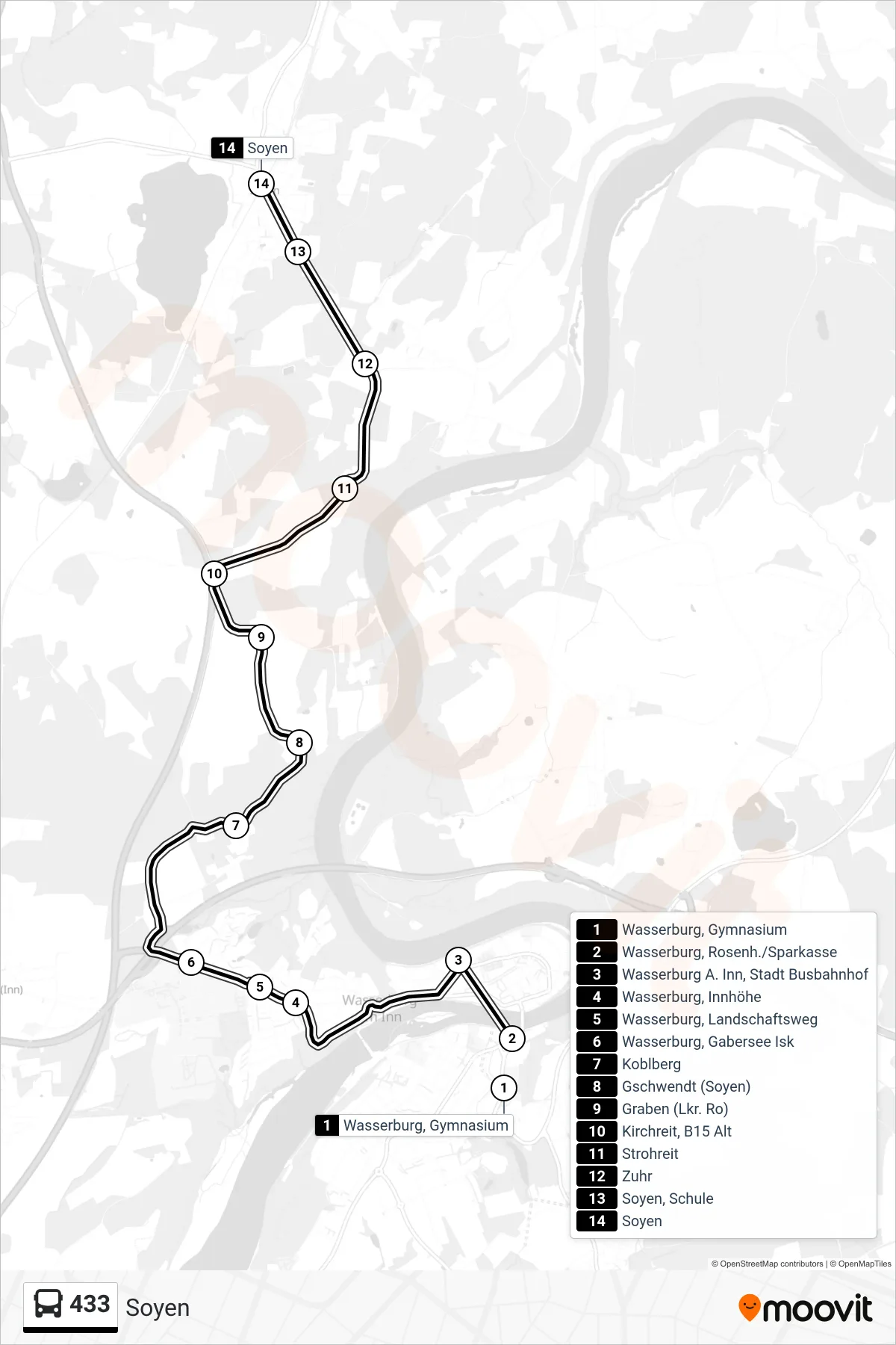 433 bus Line (Soyen) route and stops on a map