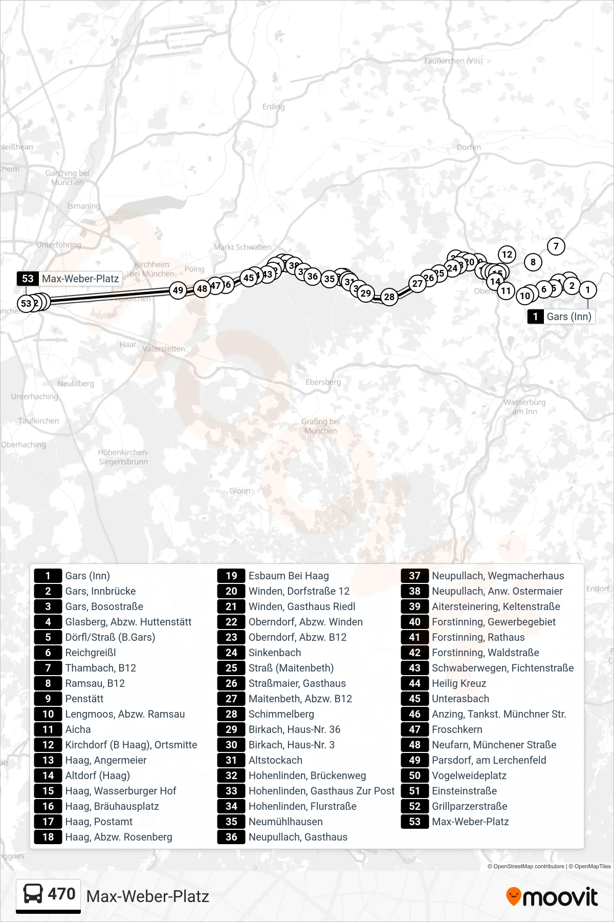 470 bus Line (Max-Weber-Platz) route and stops on a map