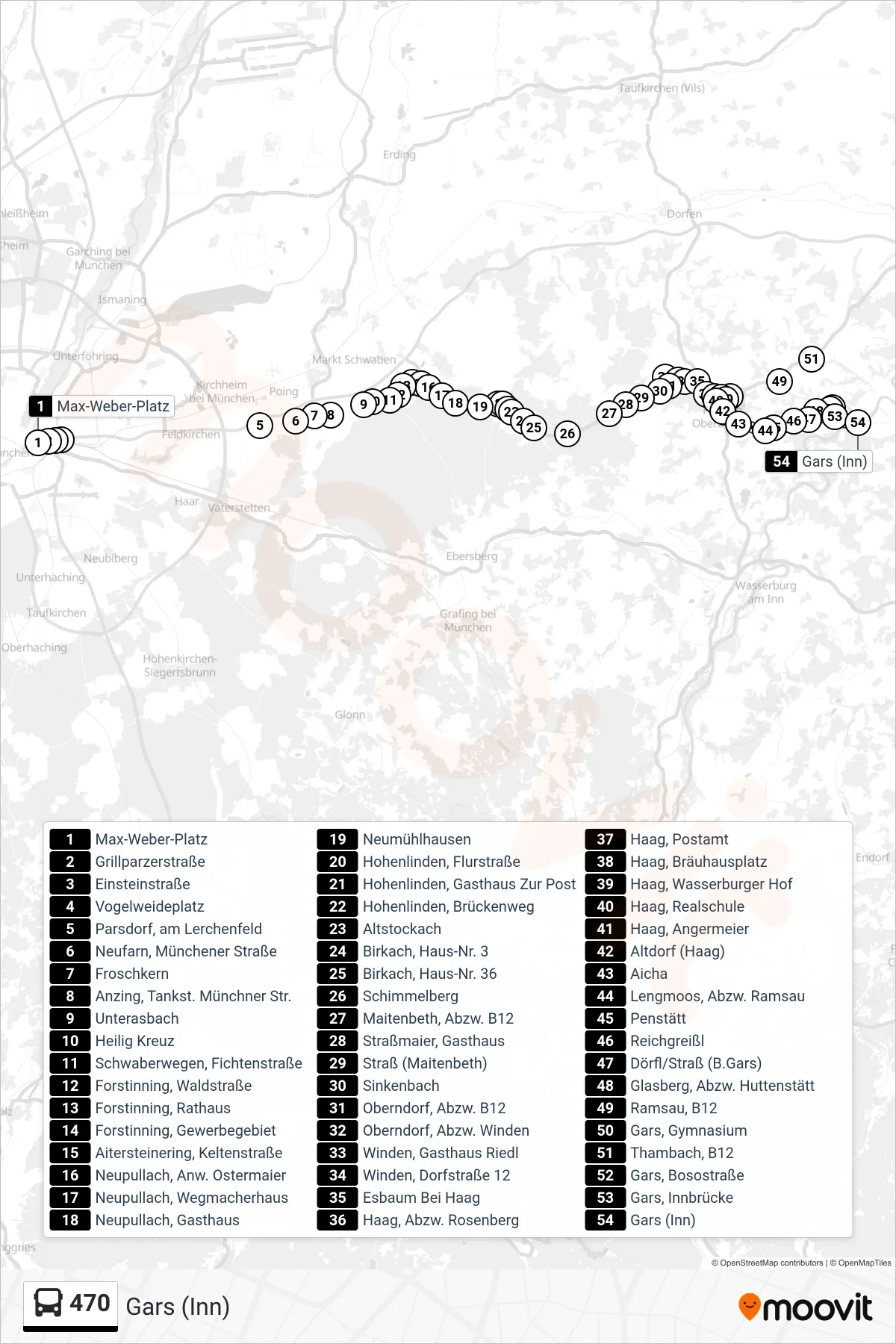 470 bus Line (Gars (Inn)) route and stops on a map