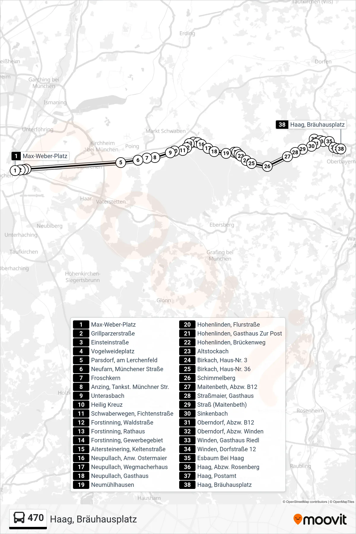 470 bus Line (Haag, Bräuhausplatz) route and stops on a map