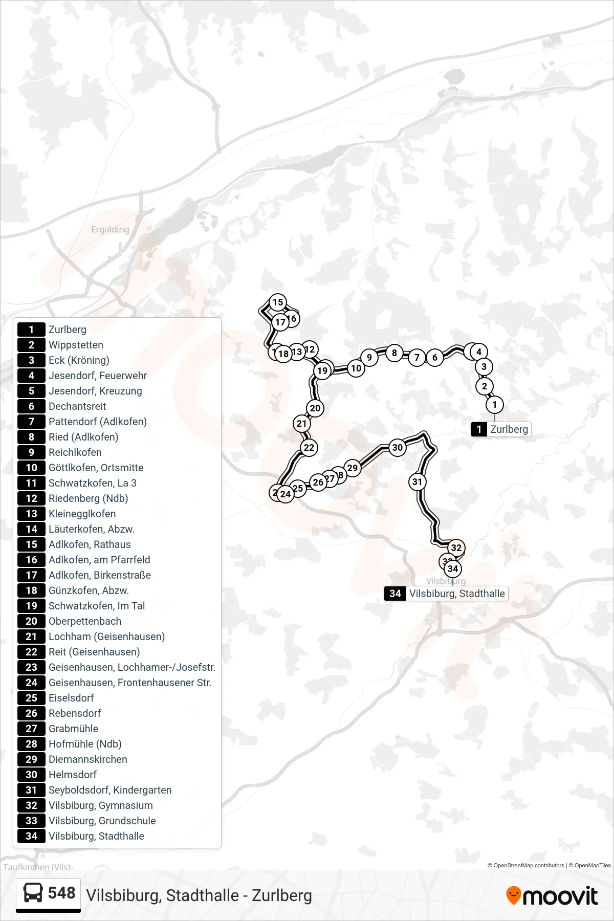 548 bus Line (Vilsbiburg, Stadthalle) route and stops on a map
