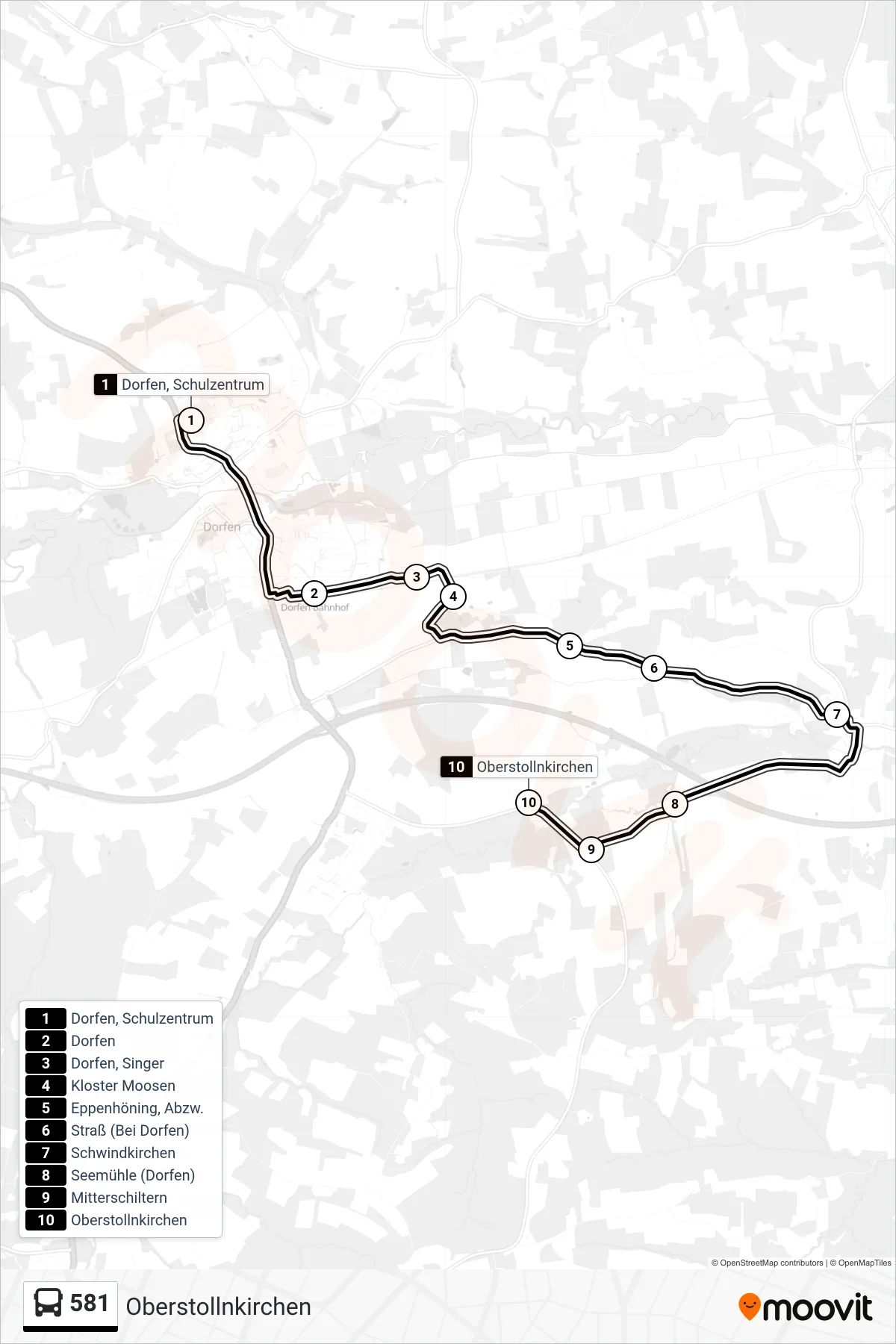 581 bus Line (Oberstollnkirchen) route and stops on a map