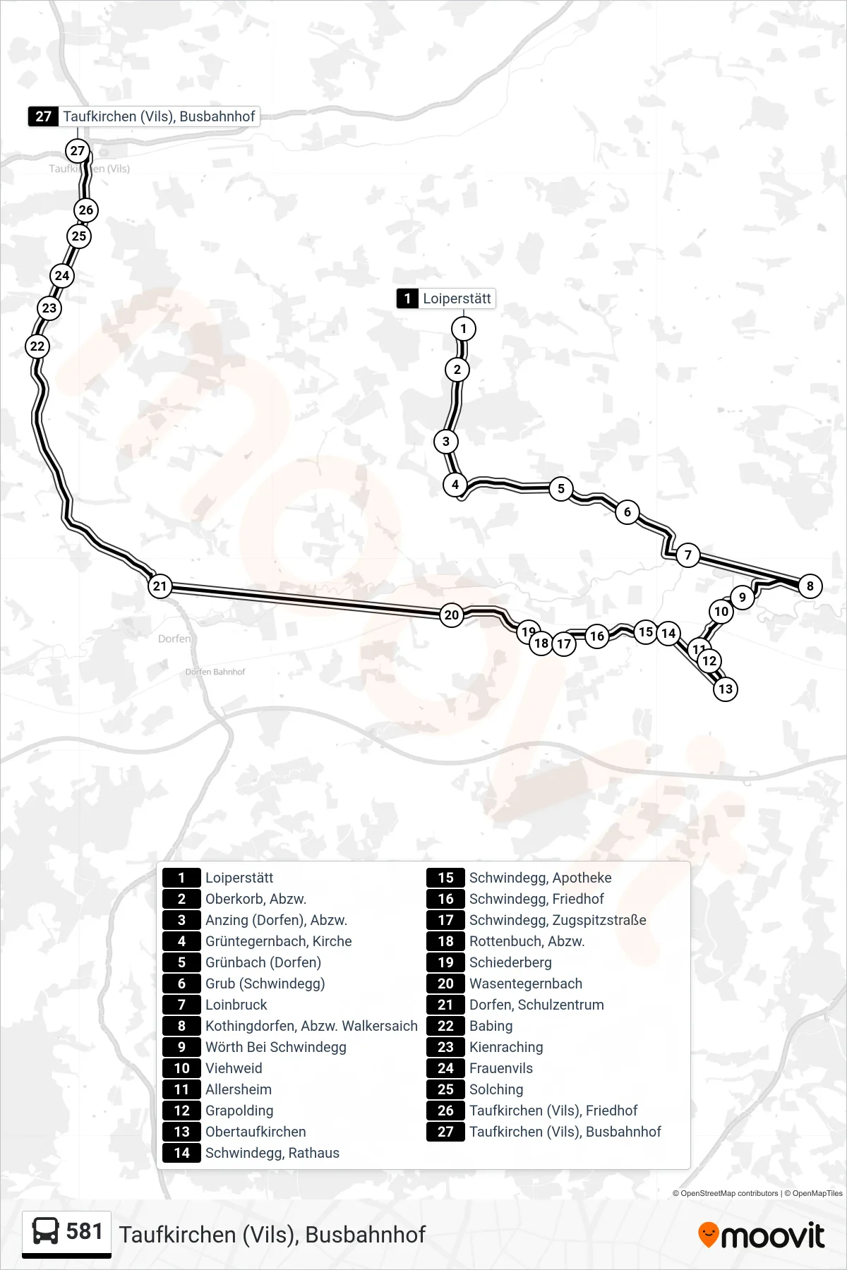 581 bus Line (Taufkirchen (Vils), Busbahnhof) route and stops on a map