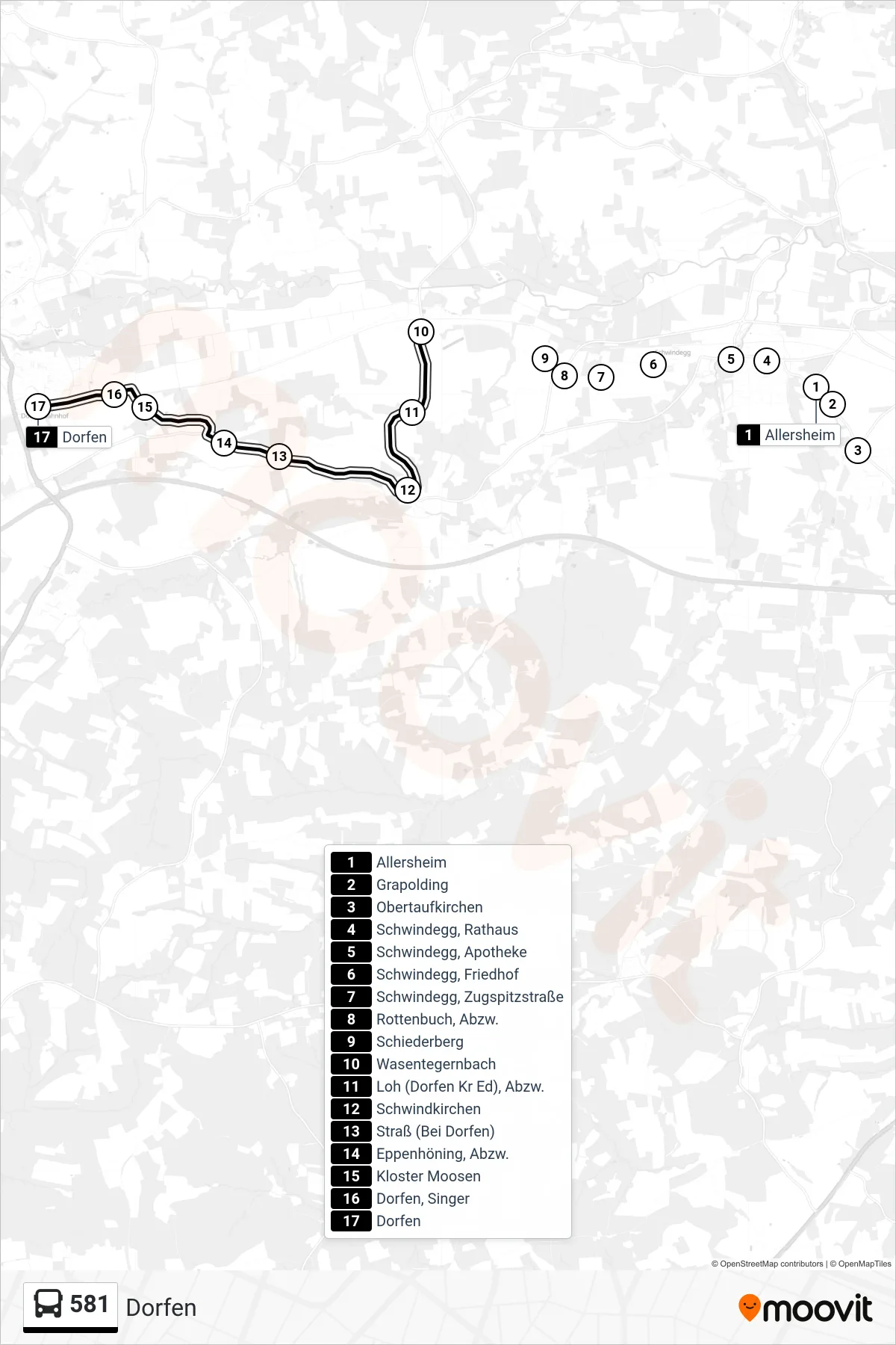 581 bus Line (Dorfen) route and stops on a map