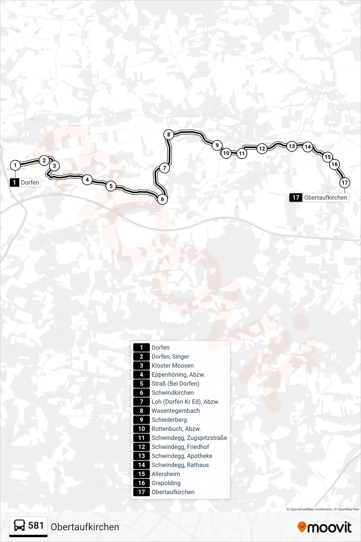 581 bus Line (Obertaufkirchen) route and stops on a map