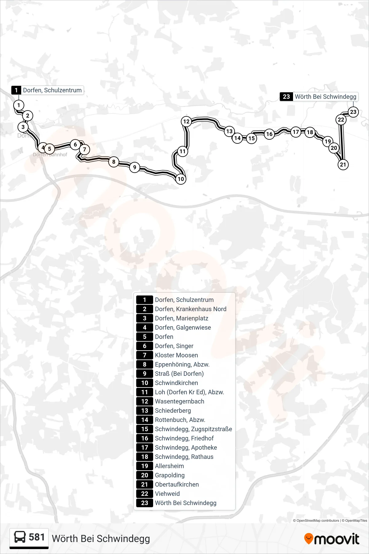 581 bus Line (Wörth Bei Schwindegg) route and stops on a map