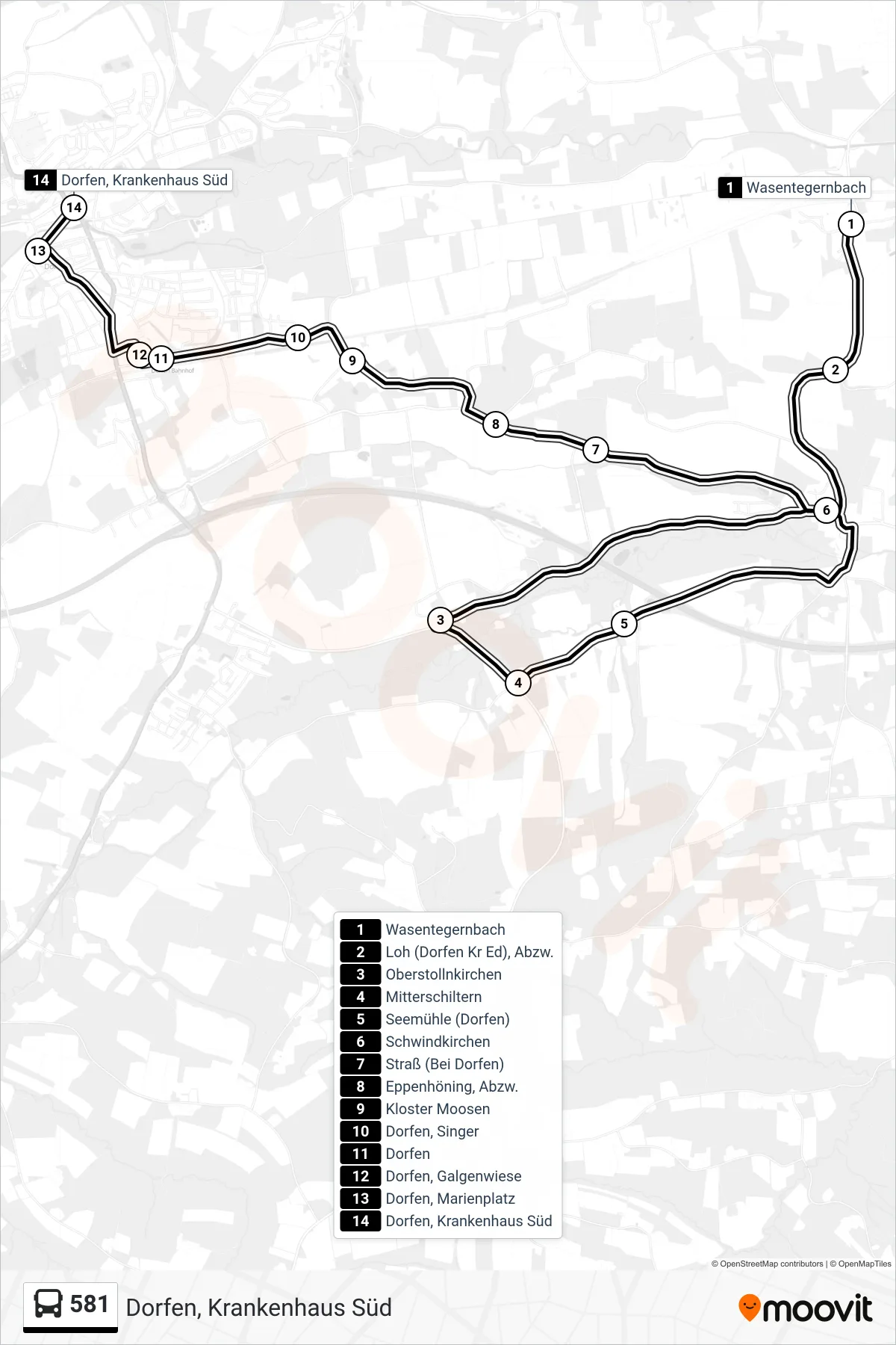 581 bus Line (Dorfen, Krankenhaus Süd) route and stops on a map