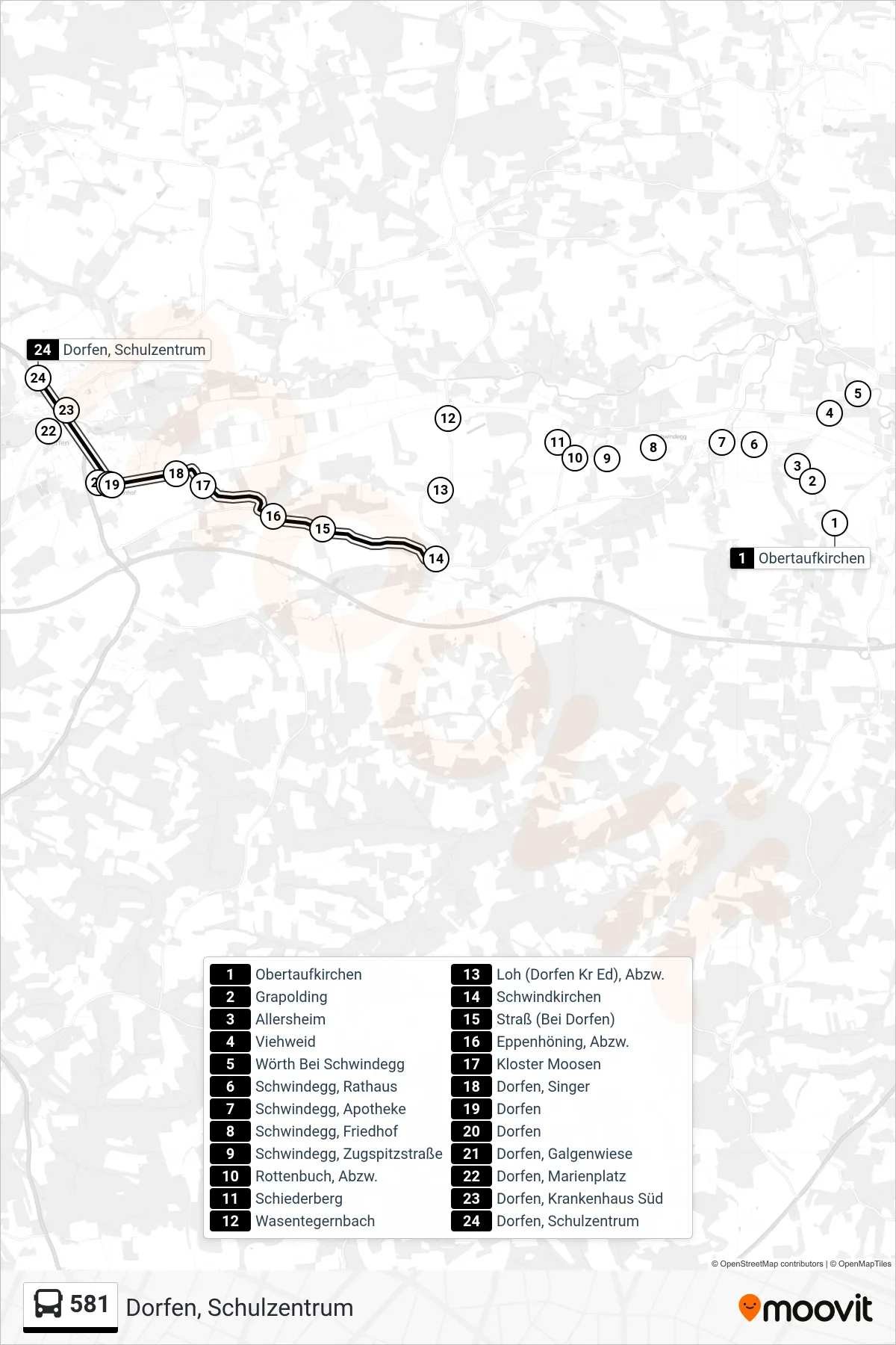 Linie 581 (Bus) Richtung Dorfen, Schulzentrum: Route und Haltestellen auf der Karte