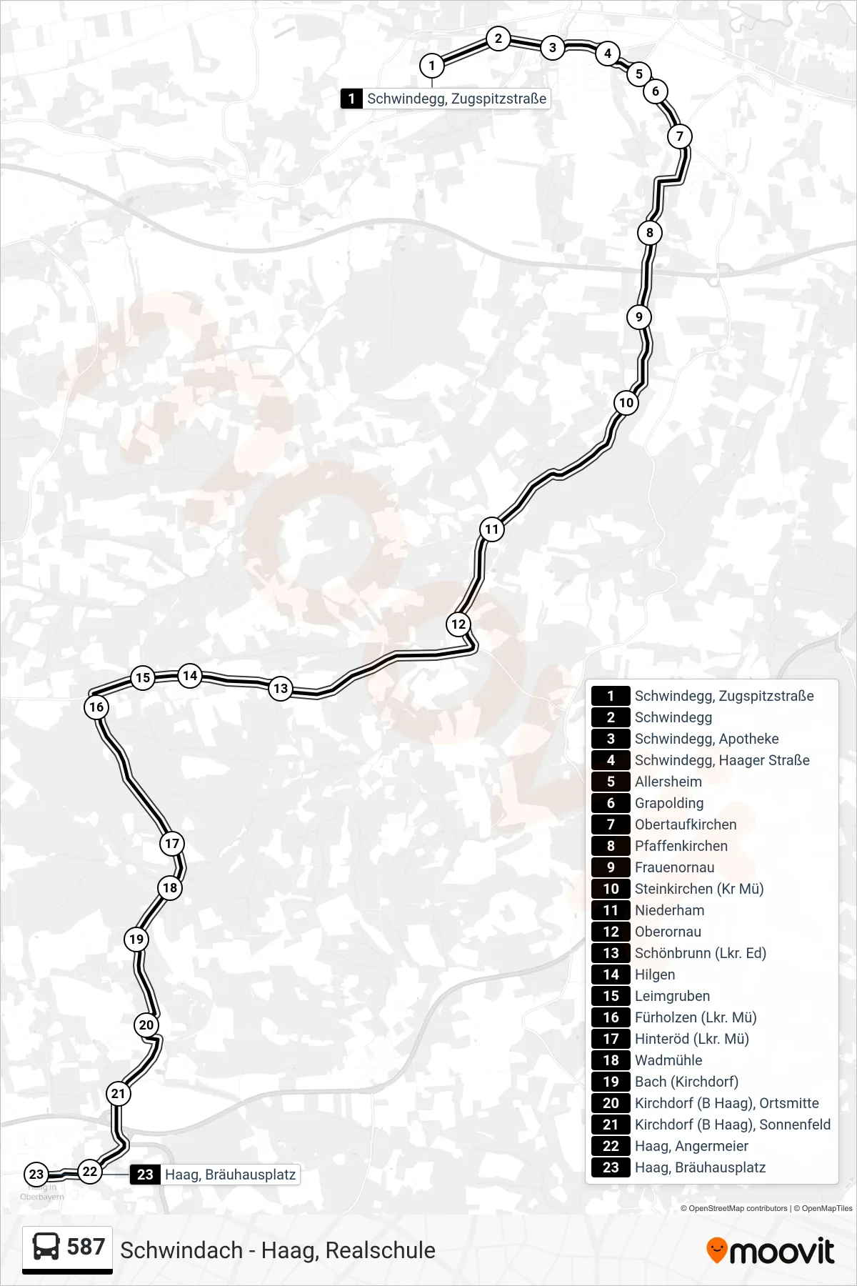 587 bus Line (Haag, Bräuhausplatz) route and stops on a map