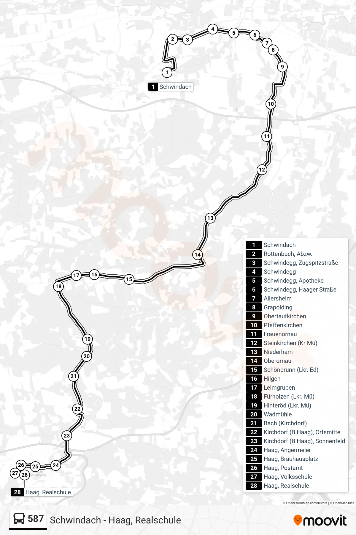 587 bus Line (Haag, Realschule) route and stops on a map