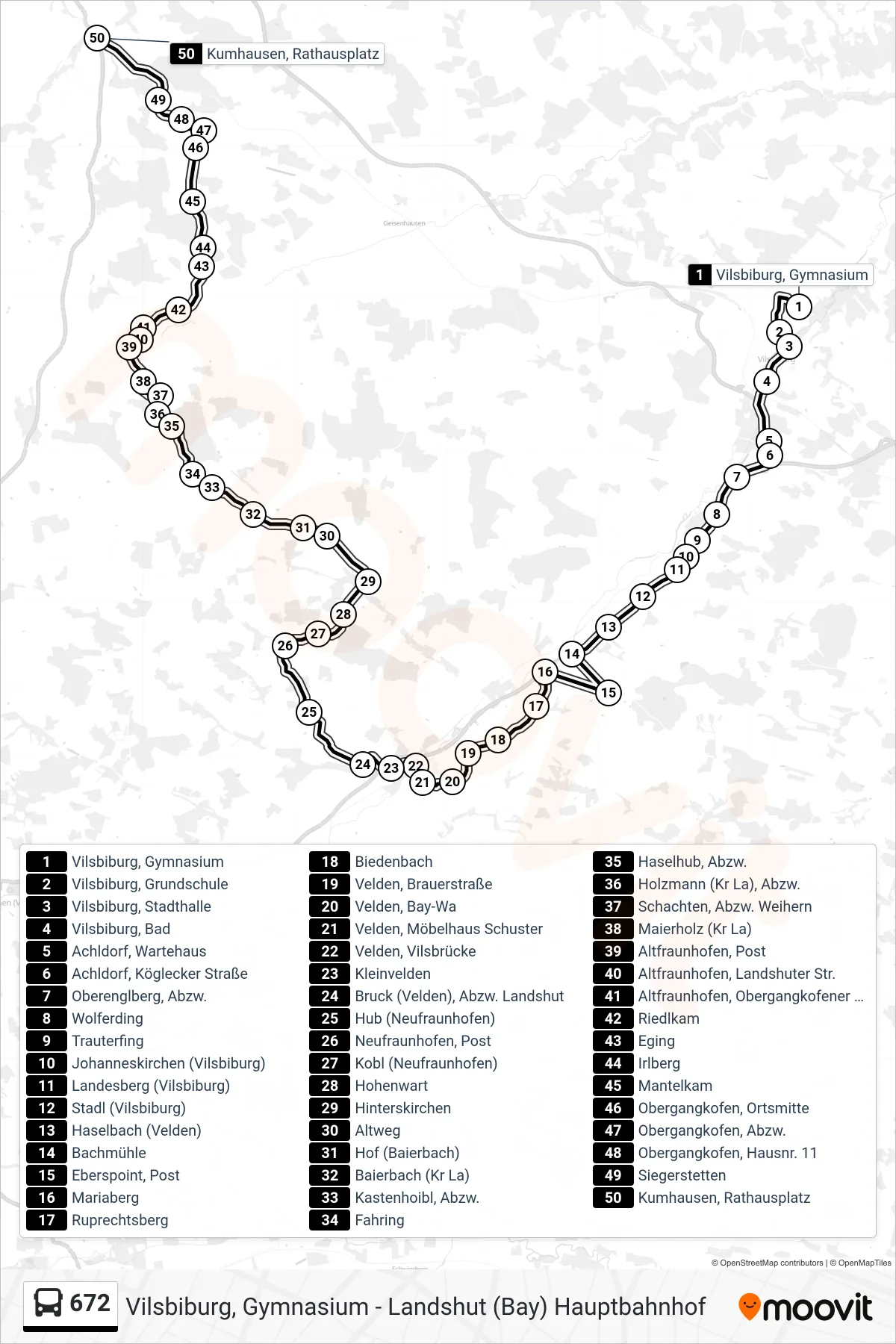 672 bus Line (Kumhausen, Rathausplatz) route and stops on a map