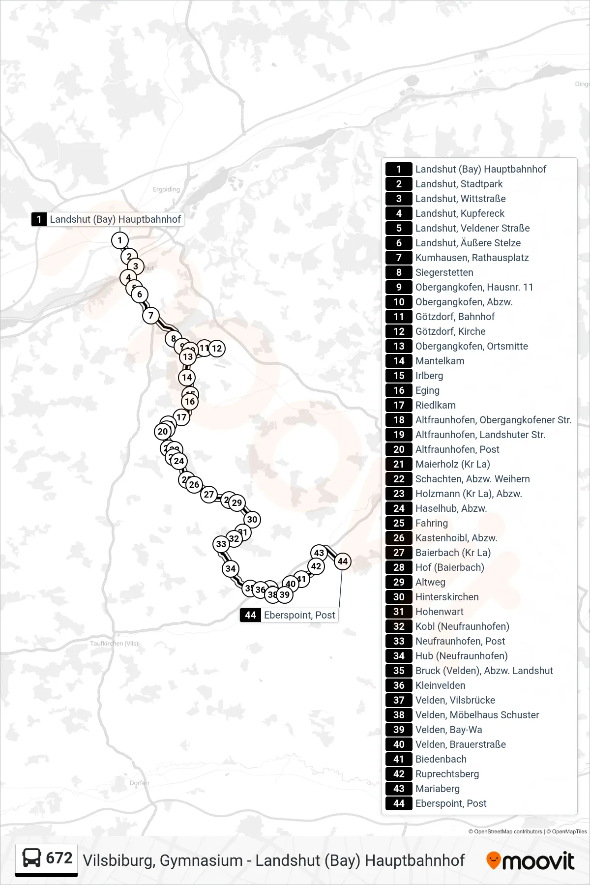 672 bus Line (Eberspoint, Post) route and stops on a map