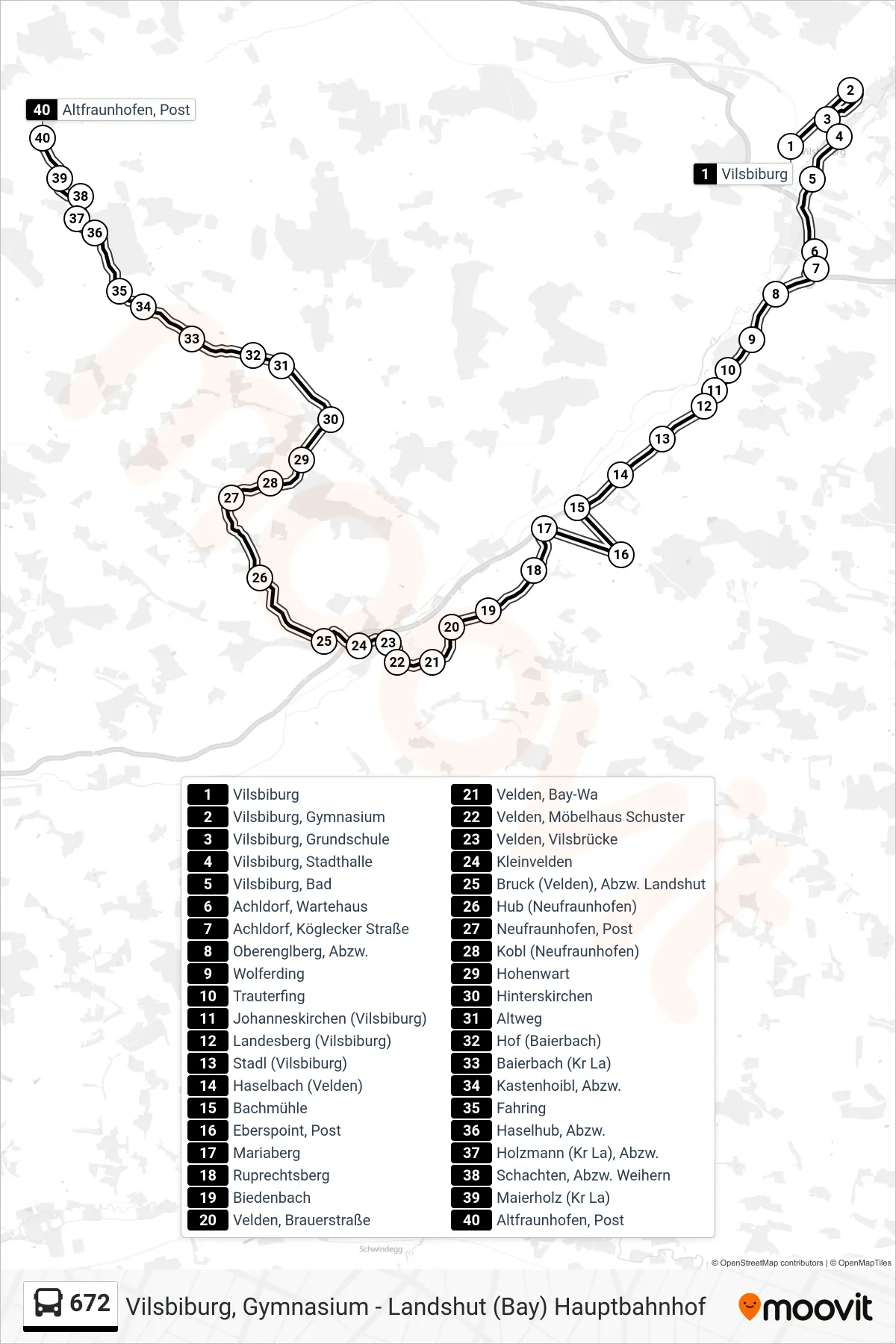 672 bus Line (Altfraunhofen, Post) route and stops on a map