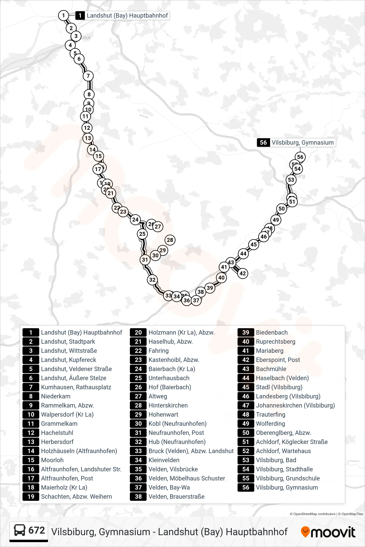 Linie 672 (Bus) Richtung Vilsbiburg, Gymnasium: Route und Haltestellen auf der Karte
