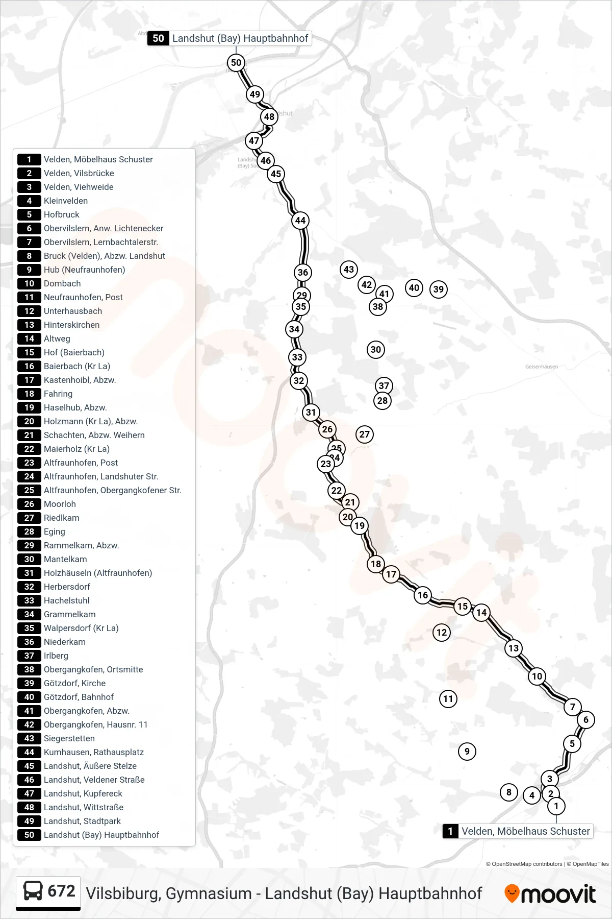672 bus Line (Landshut Hbf (Zob)) route and stops on a map