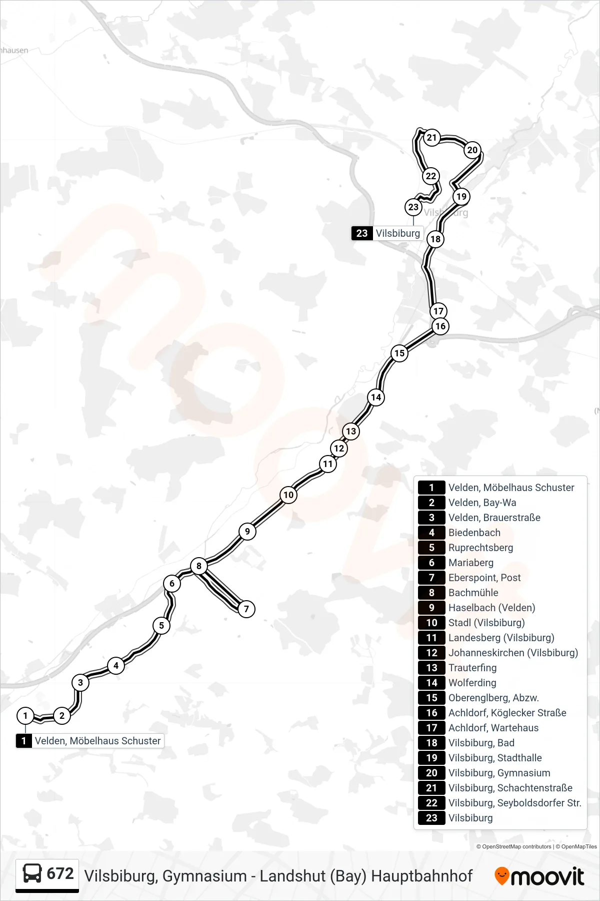 672 bus Line (Vilsbiburg Bahnhof) route and stops on a map