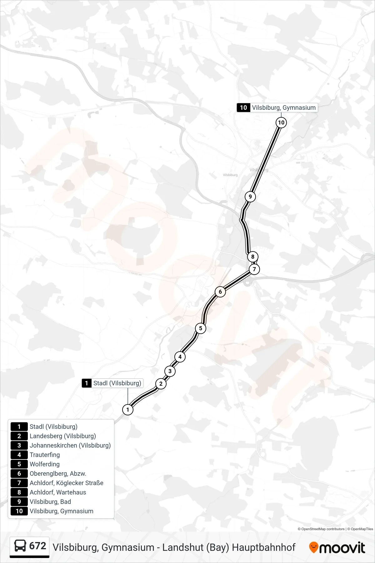 672 bus Line (Vilsbiburg Gymnasium) route and stops on a map