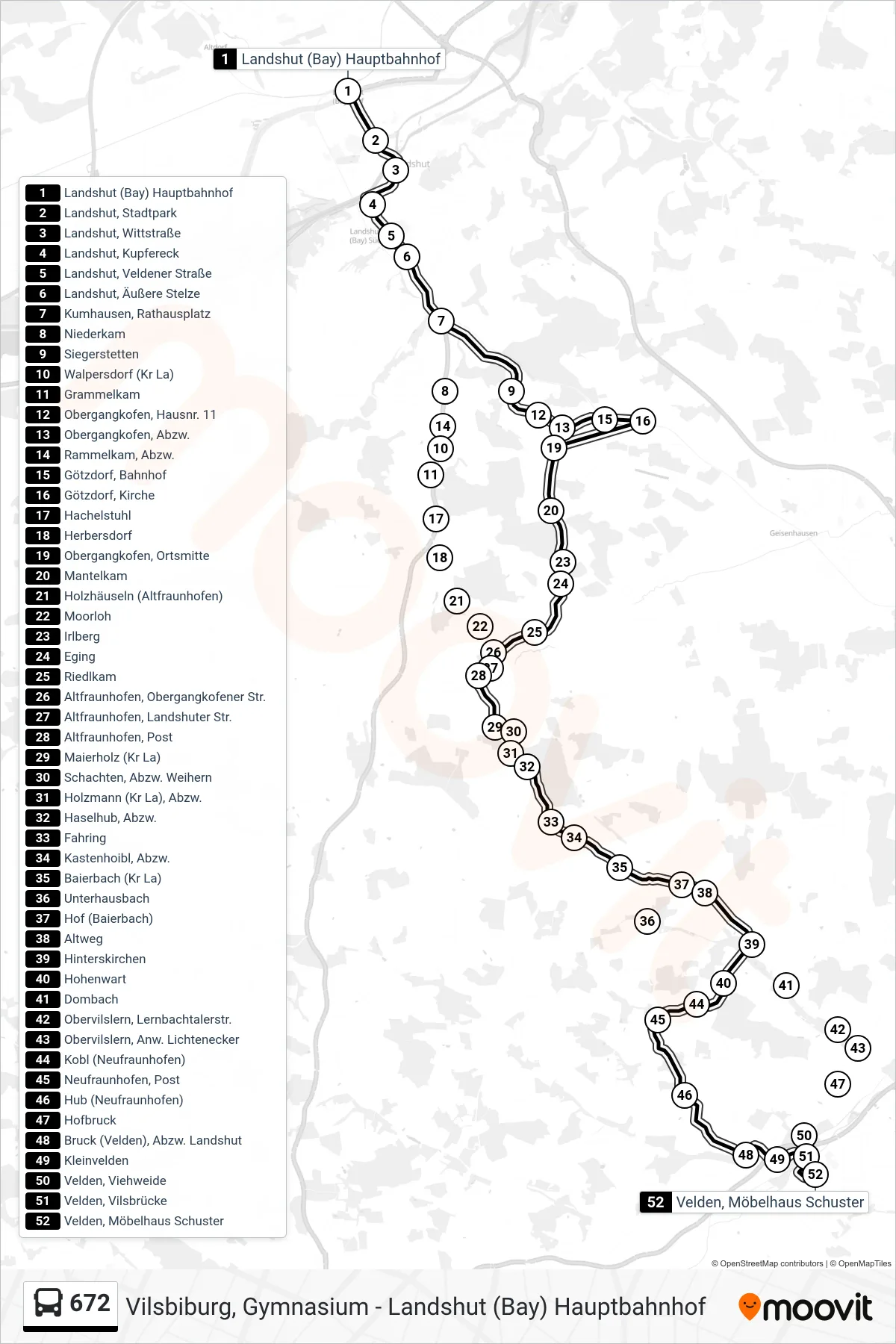 672 bus Line (Velden Möbelhaus) route and stops on a map