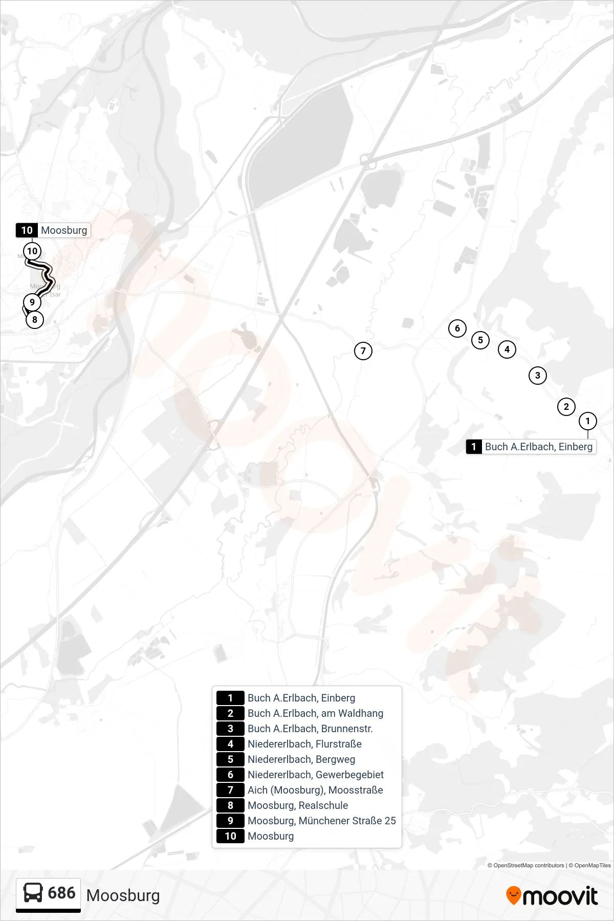 Linie 686 (Bus) Richtung Moosburg: Route und Haltestellen auf der Karte