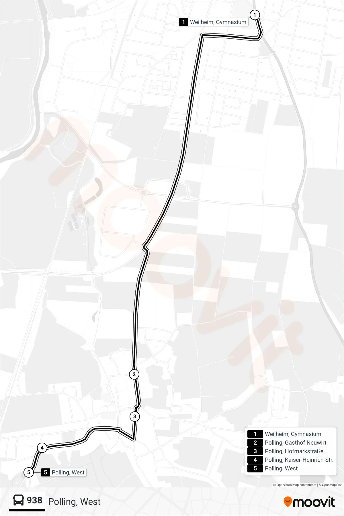 Linie 938 (Bus) Richtung Polling, West: Route und Haltestellen auf der Karte