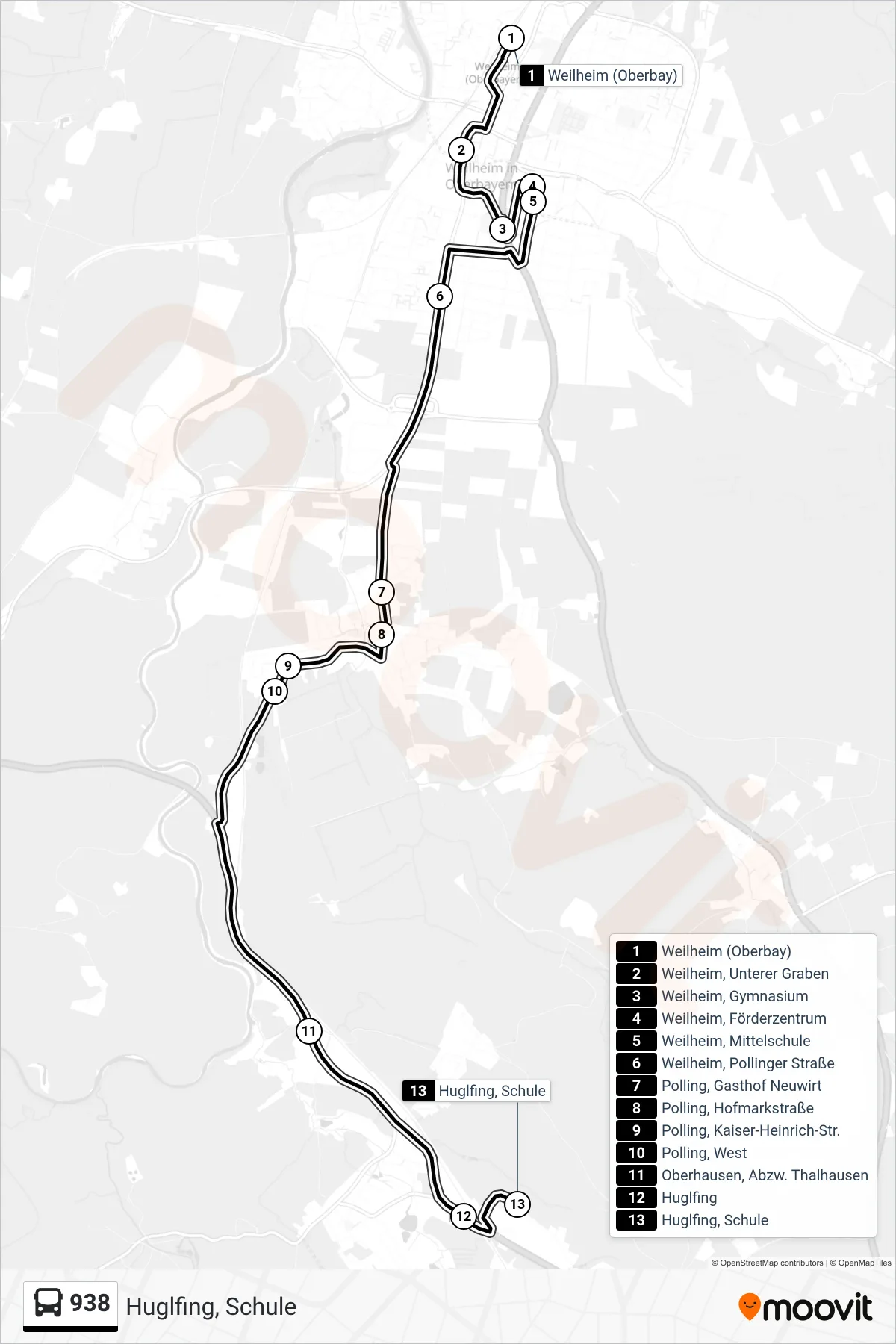 Linie 938 (Bus) Richtung Huglfing, Schule: Route und Haltestellen auf der Karte