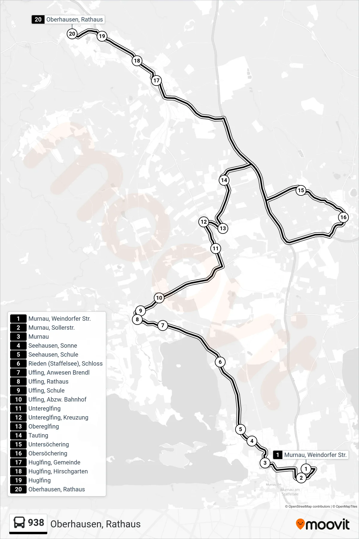 938 bus Line (Oberhausen, Rathaus) route and stops on a map