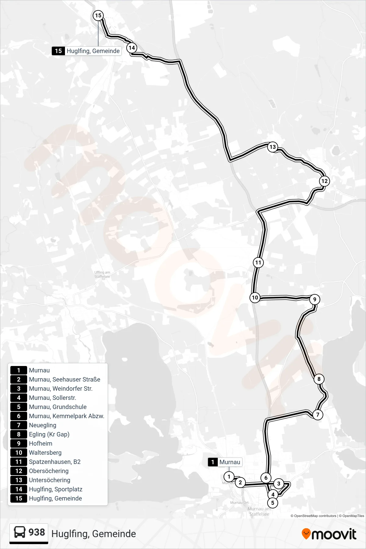 938 bus Line (Huglfing, Gemeinde) route and stops on a map