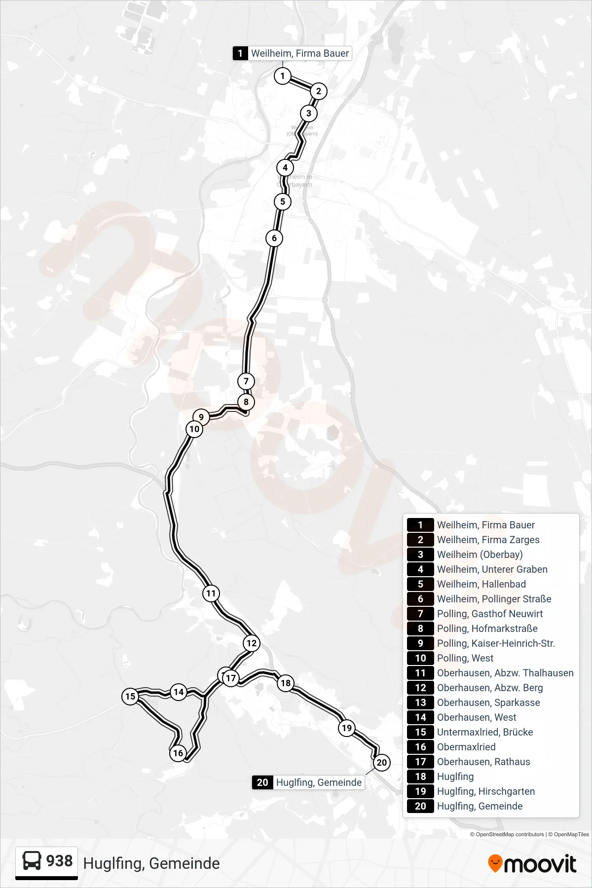 938 bus Line (Huglfing, Gemeinde) route and stops on a map