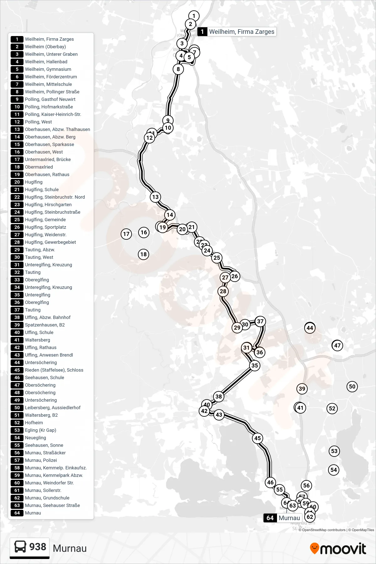 938 bus Line (Murnau) route and stops on a map