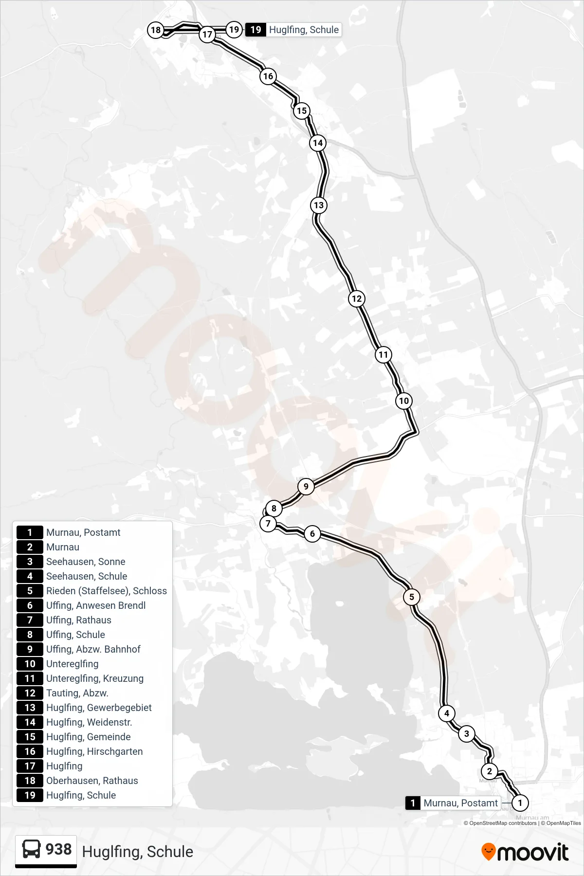 938 bus Line (Huglfing, Schule) route and stops on a map