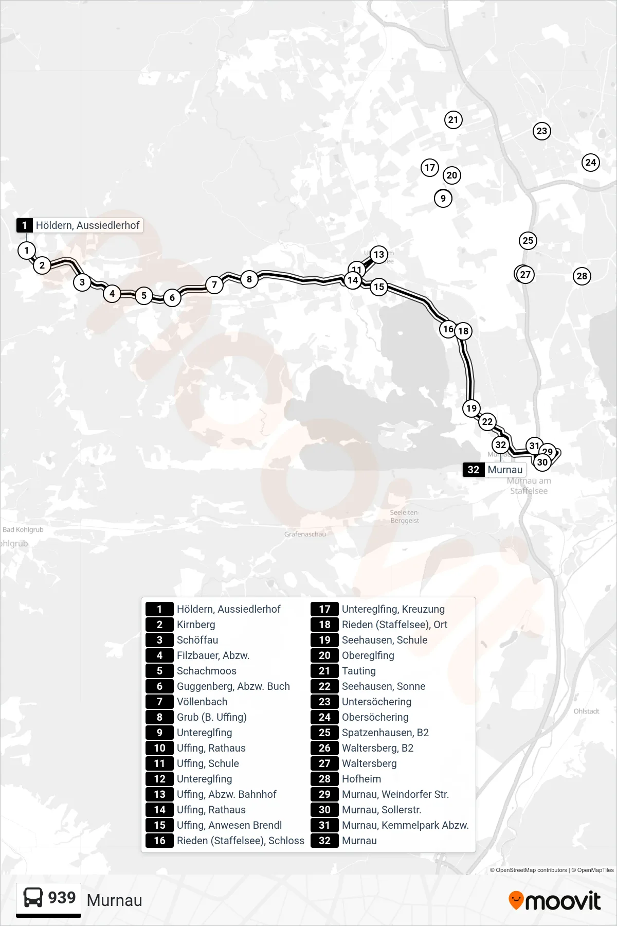 Linie 939 (Bus) Richtung Murnau: Route und Haltestellen auf der Karte
