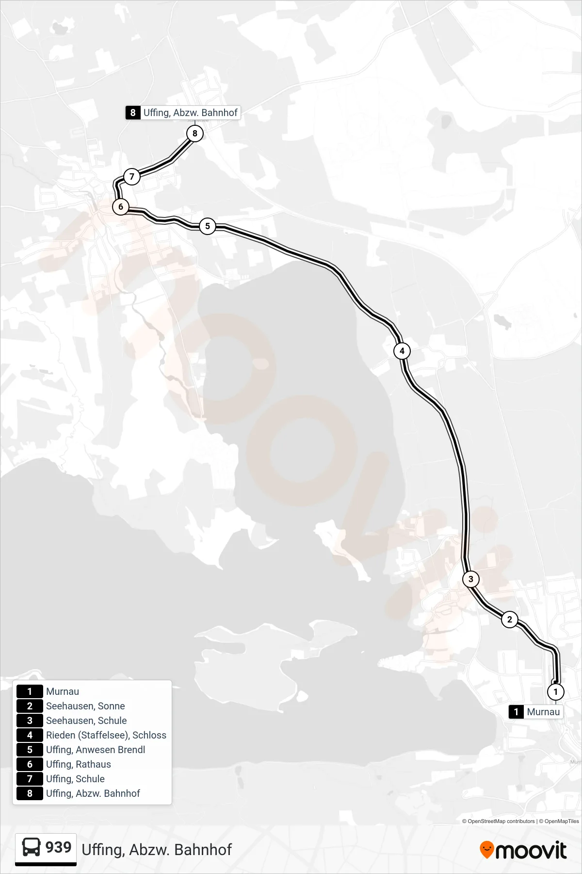 939 bus Line (Uffing, Abzw. Bahnhof) route and stops on a map