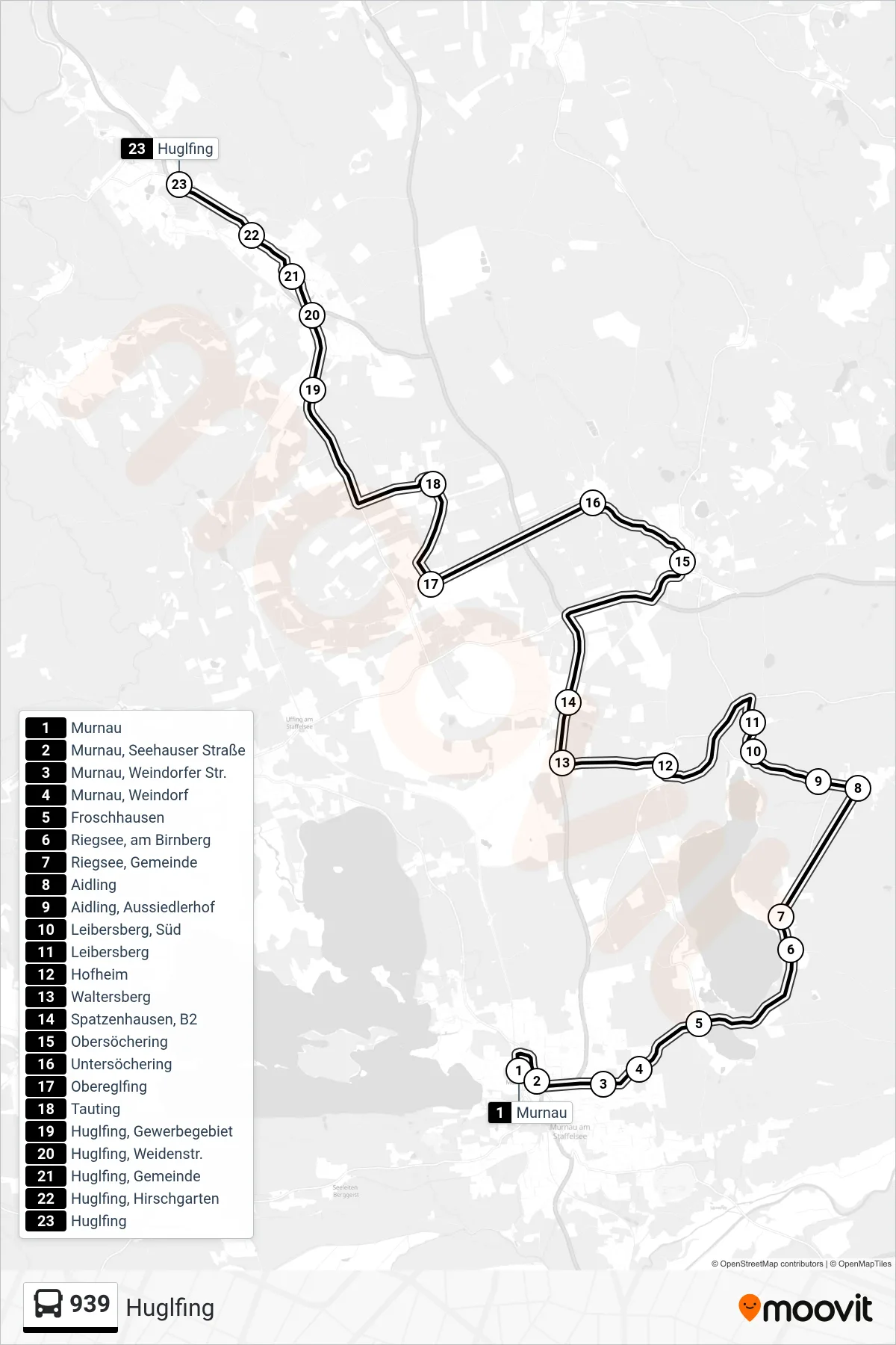 939 bus Line (Huglfing) route and stops on a map
