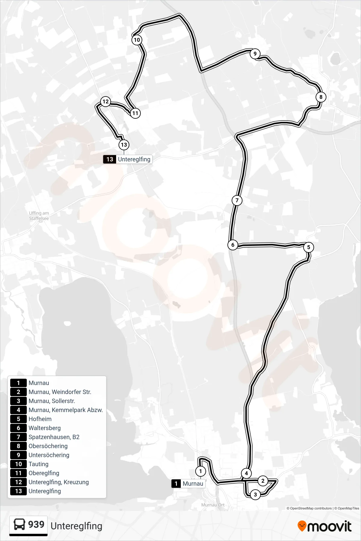 939 bus Line (Untereglfing) route and stops on a map