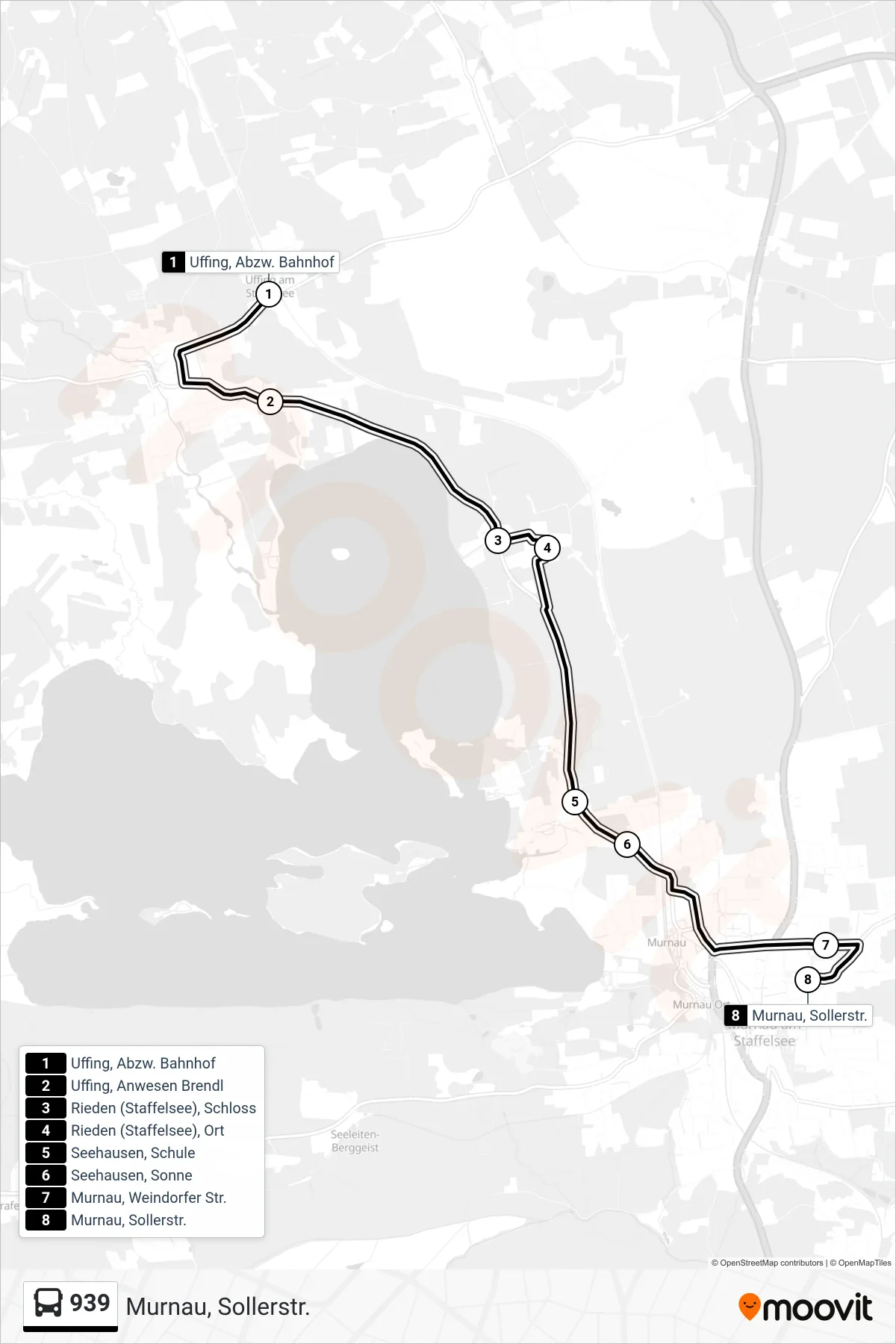 939 bus Line (Murnau, Sollerstr.) route and stops on a map
