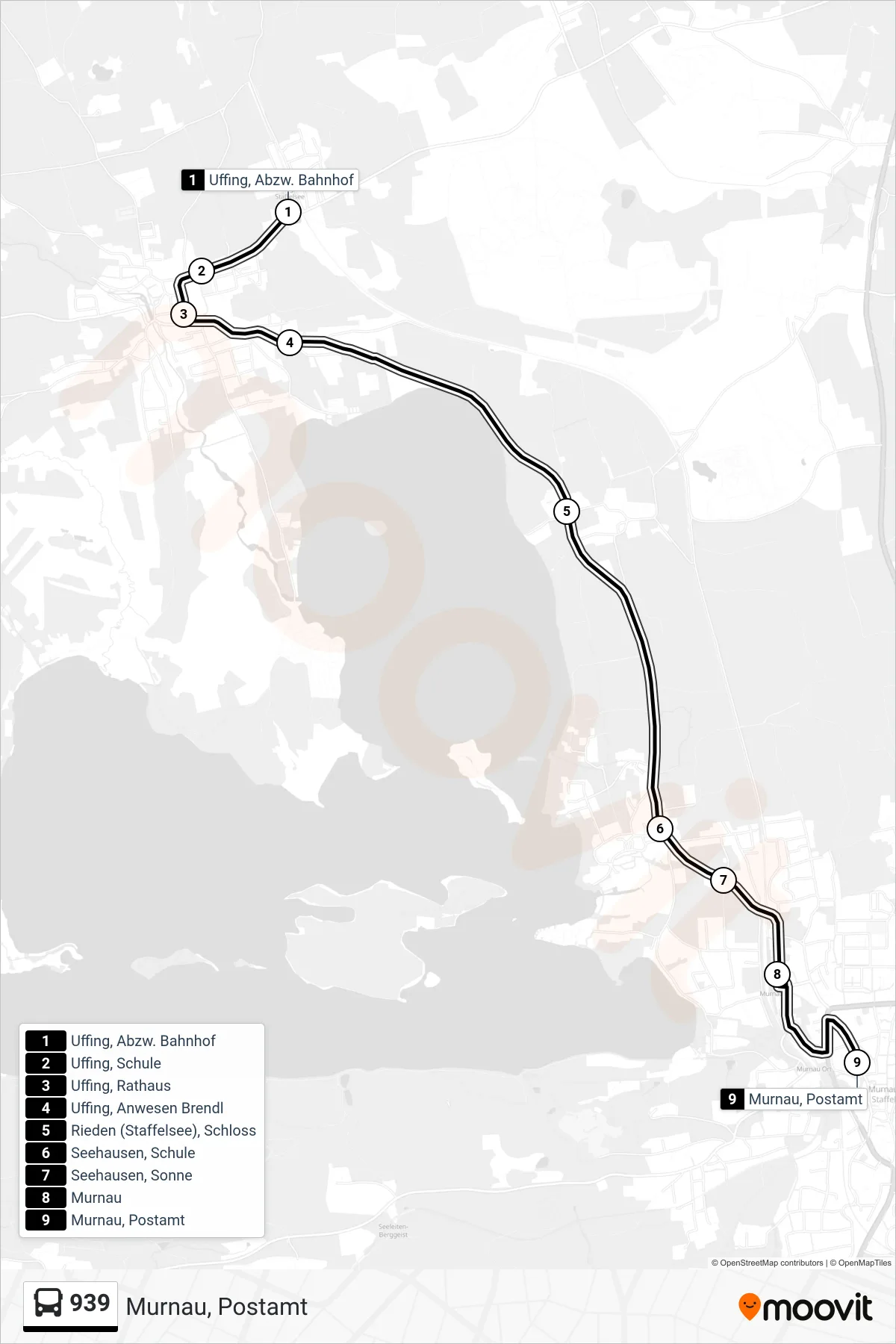 Linie 939 (Bus) Richtung Murnau, Postamt: Route und Haltestellen auf der Karte