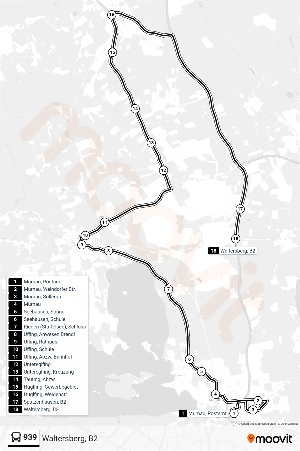 939 bus Line (Waltersberg, B2) route and stops on a map