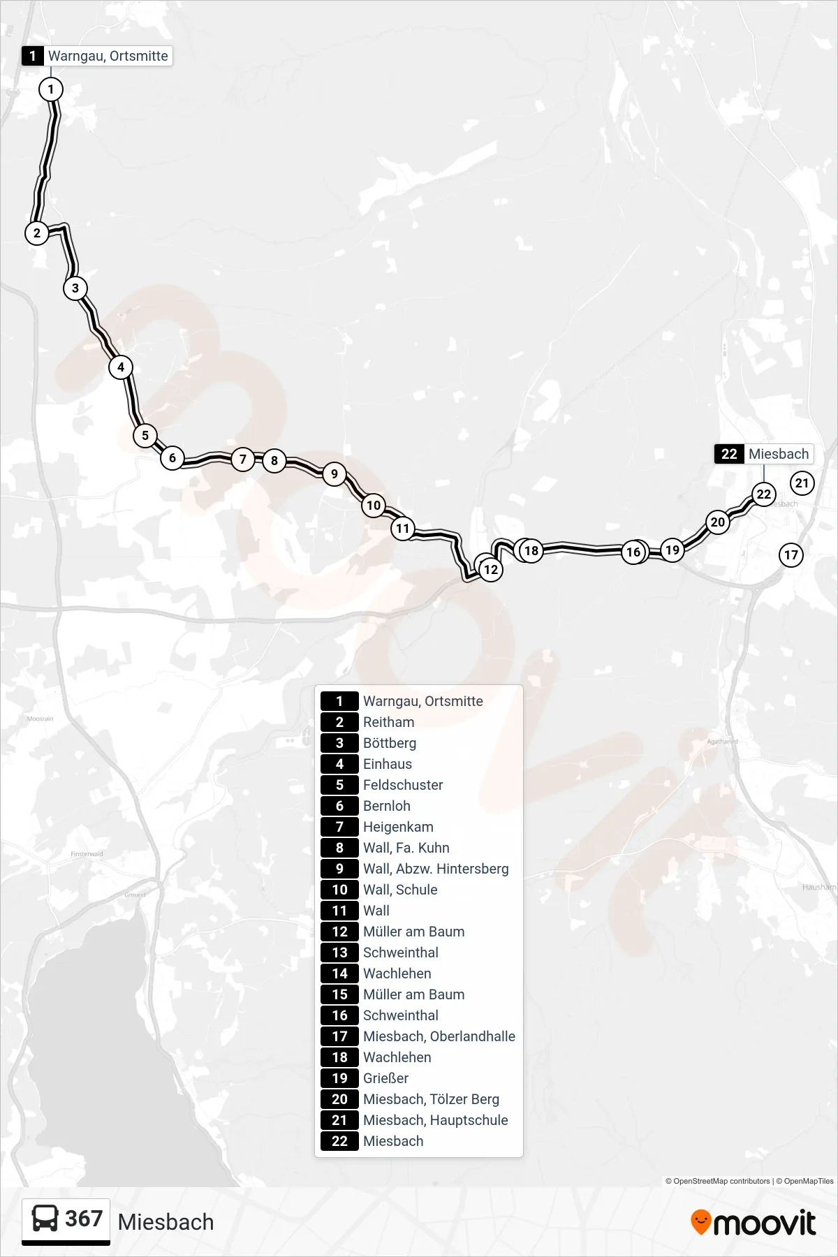 367 bus Line (Miesbach) route and stops on a map