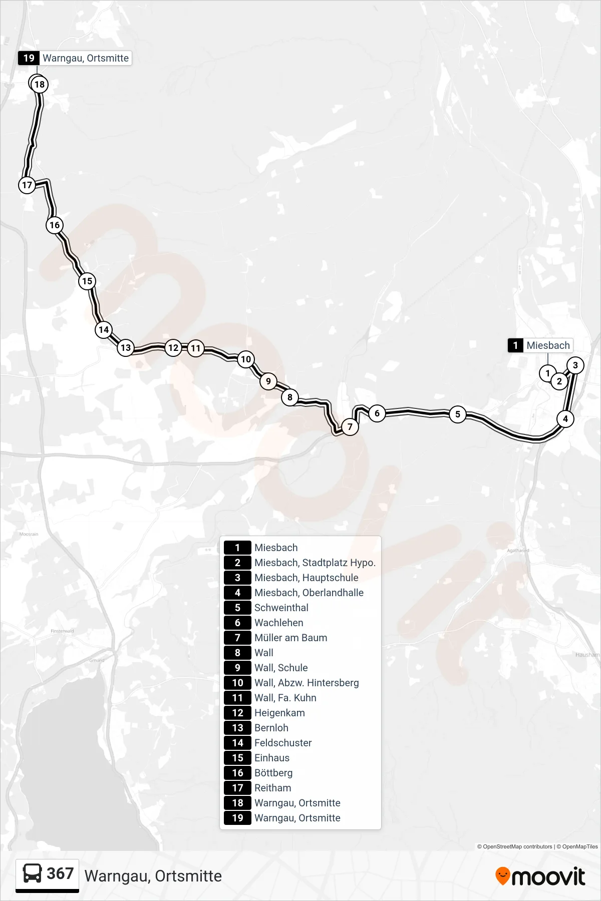 367 bus Line (Warngau, Ortsmitte) route and stops on a map